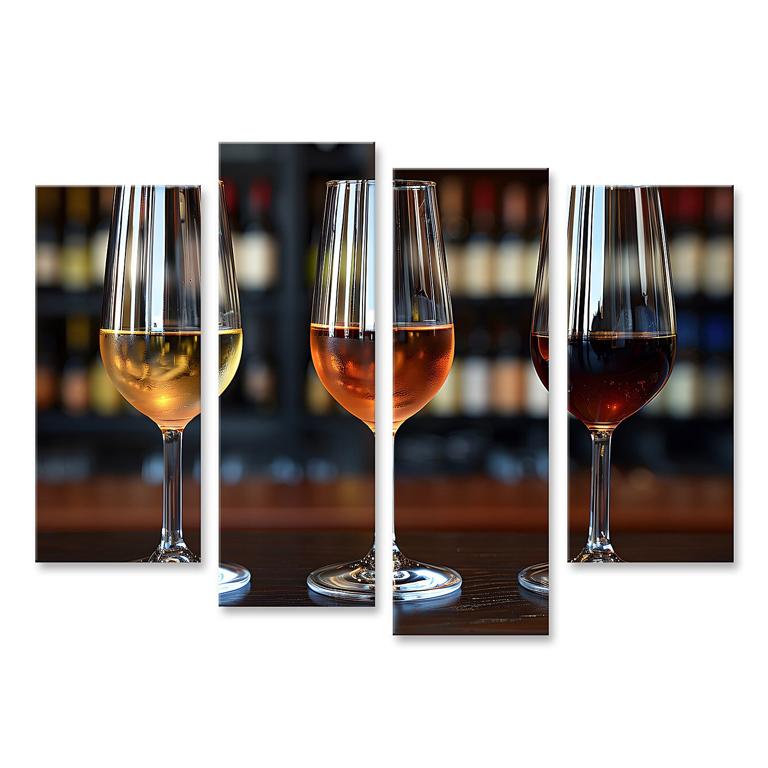 Leinwandbild Drei edle Weingläser, gefüllt mit Rotwein, stilvoll auf Holztisch arra