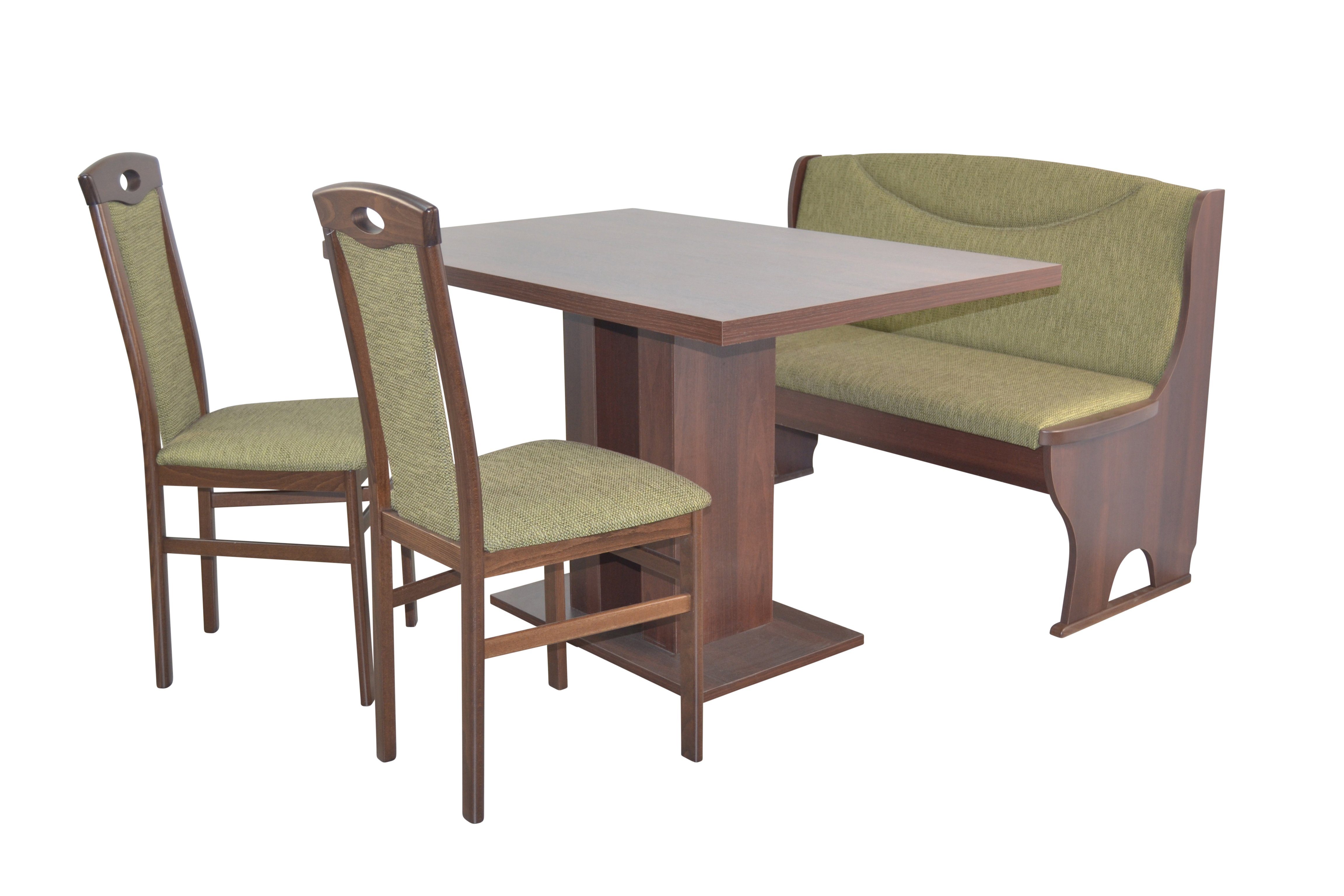 moebel-direkt-online Essgruppe Sitzgruppe 4teilig, bestehend aus Esstisch, Sitzbank und Stühlen, (Spar-Set, 4teiliges Set) Nussbaum-NB/grün