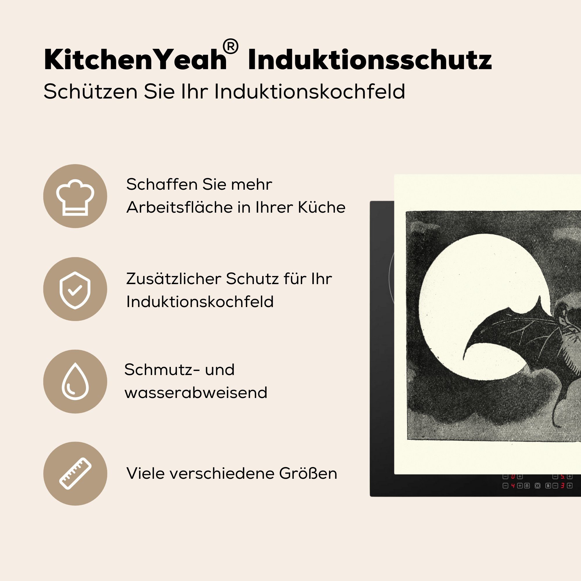 MuchoWow Herdblende-/Abdeckplatte Illustration vor Mond einem Vinyl, Fledermaus 60x52 nutzbar, Ceranfeldabdeckung einer cm, in tlg), Arbeitsfläche schwarz-weiß, (1 Mobile