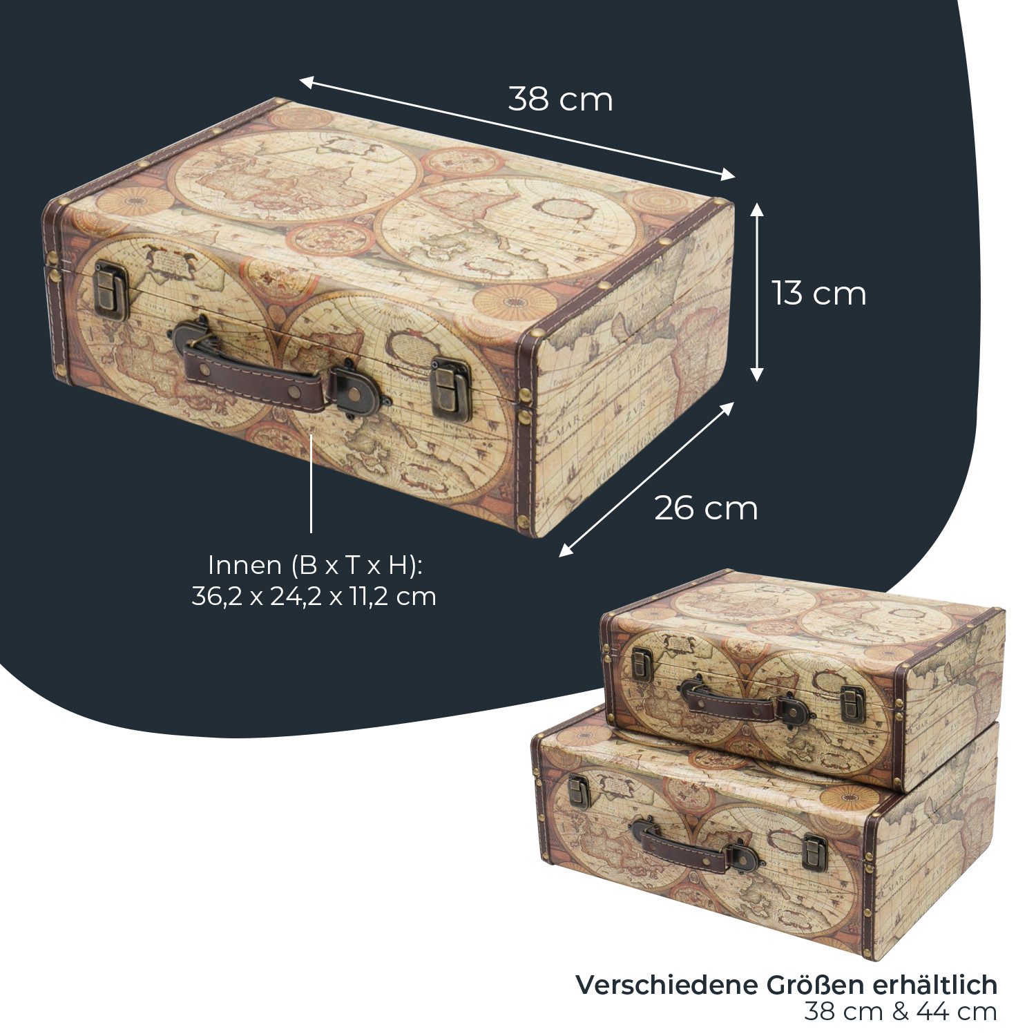 HMF Aufbewahrungsbox Vintage Koffer Holz, Aufbewahrungsbox mit Deckel und Ledergriff als, Geschenkidee für Hochzeit Geburtstag, Weltkarte Farbe, 38 x 26 x 13 cm – Bild 5 von 5