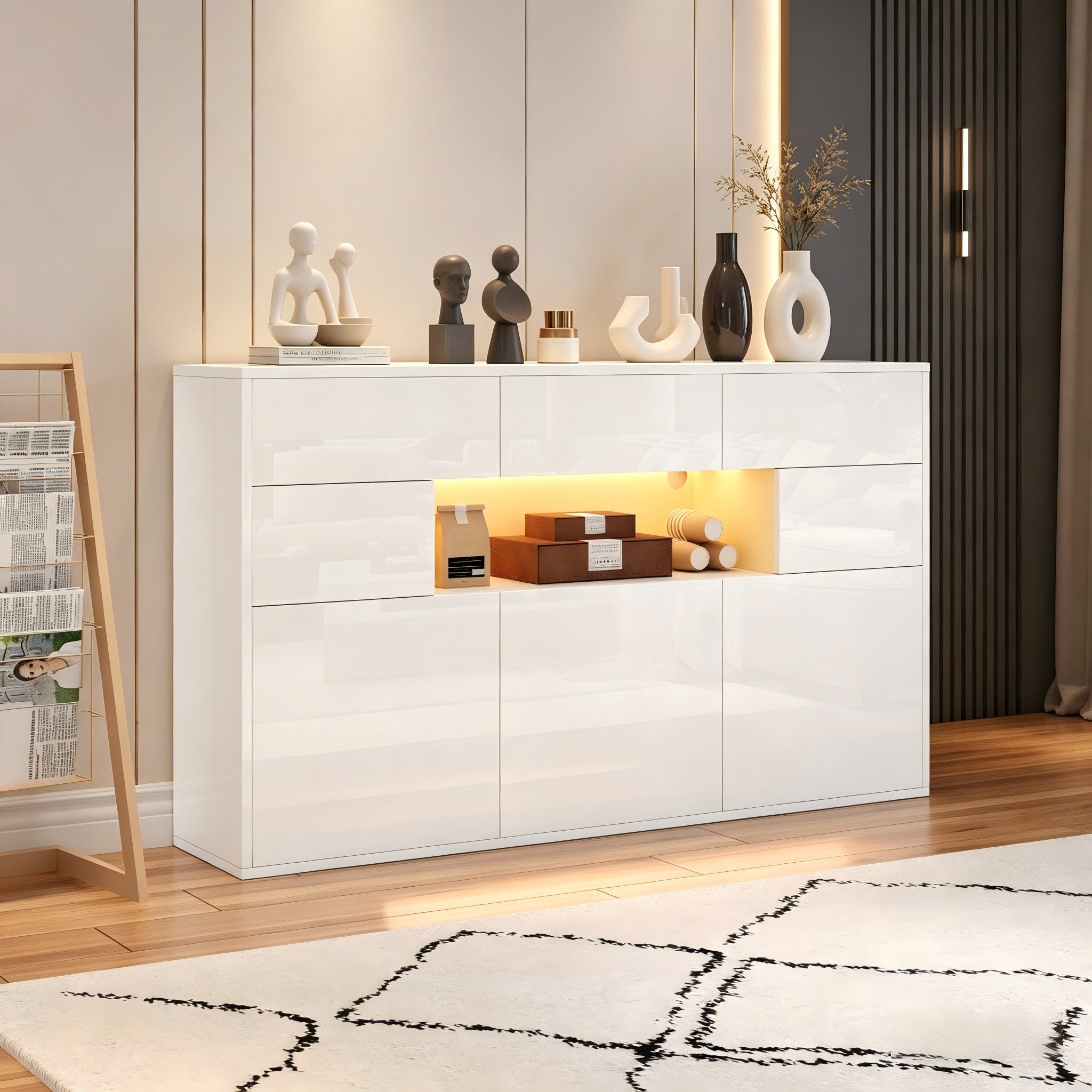STILVORA Sideboard mit Schubladen,Kommode Aufwahrungsschrank Hochglanz mit LED-Licht (Kommode, Buffetschrank, Wohnzimmermöbel, 1 St., 3 Schubladen und 5 Schränken), Schrank mit 5 Metallbeinen