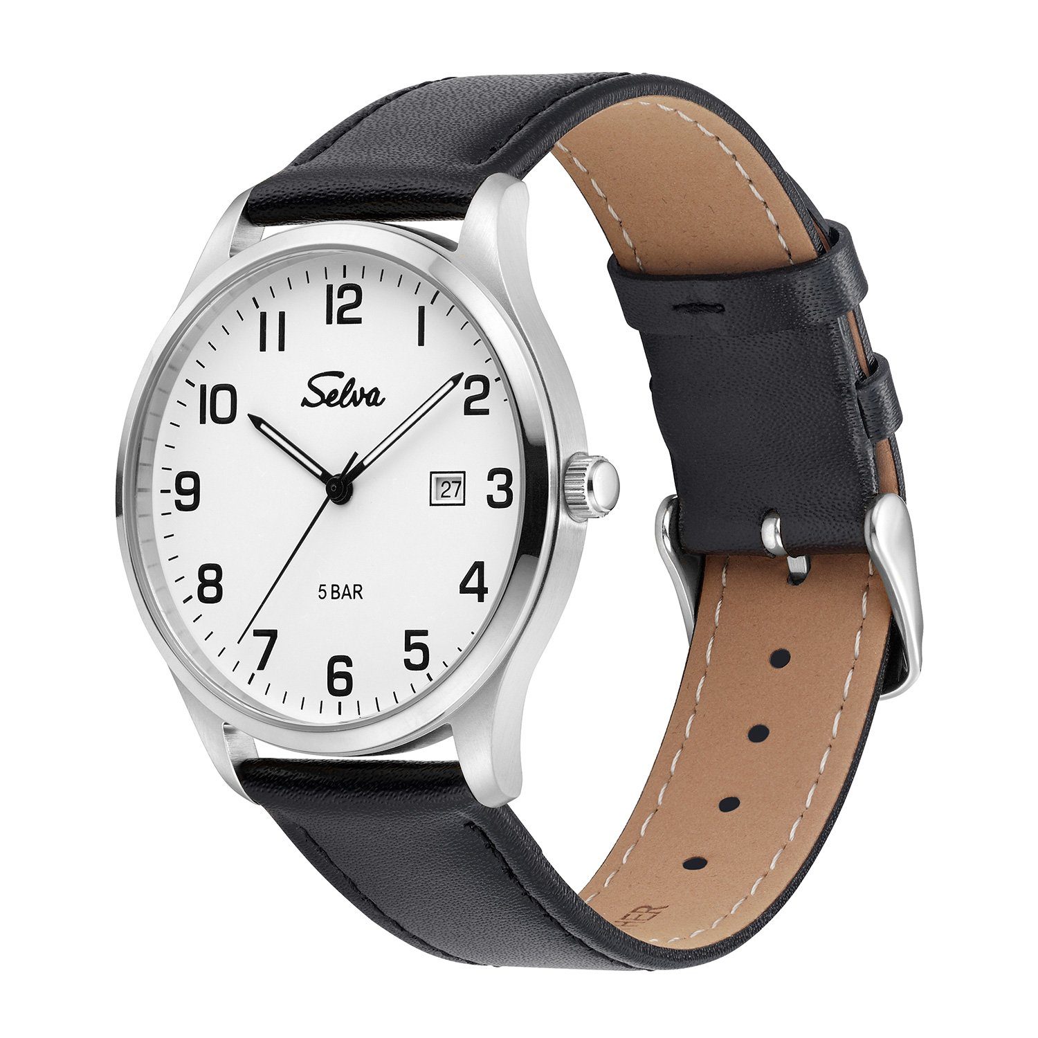 Selva Technik Quarzuhr SELVA Quarz-Armbanduhr mit Lederband Zifferblatt weiß, Gehäuse Ø 39mm