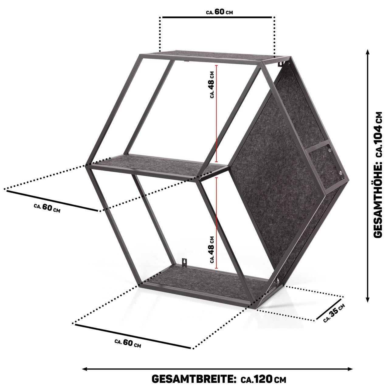 Canadian Cat Company Katzen-Wandregal HexaCat Katzenregal/Kratzbaum Industrial-Design, Filzflächen, Wandregal/Kletterwand aus Metall mit Filzflächen ca. 120 x 104 x 35 cm