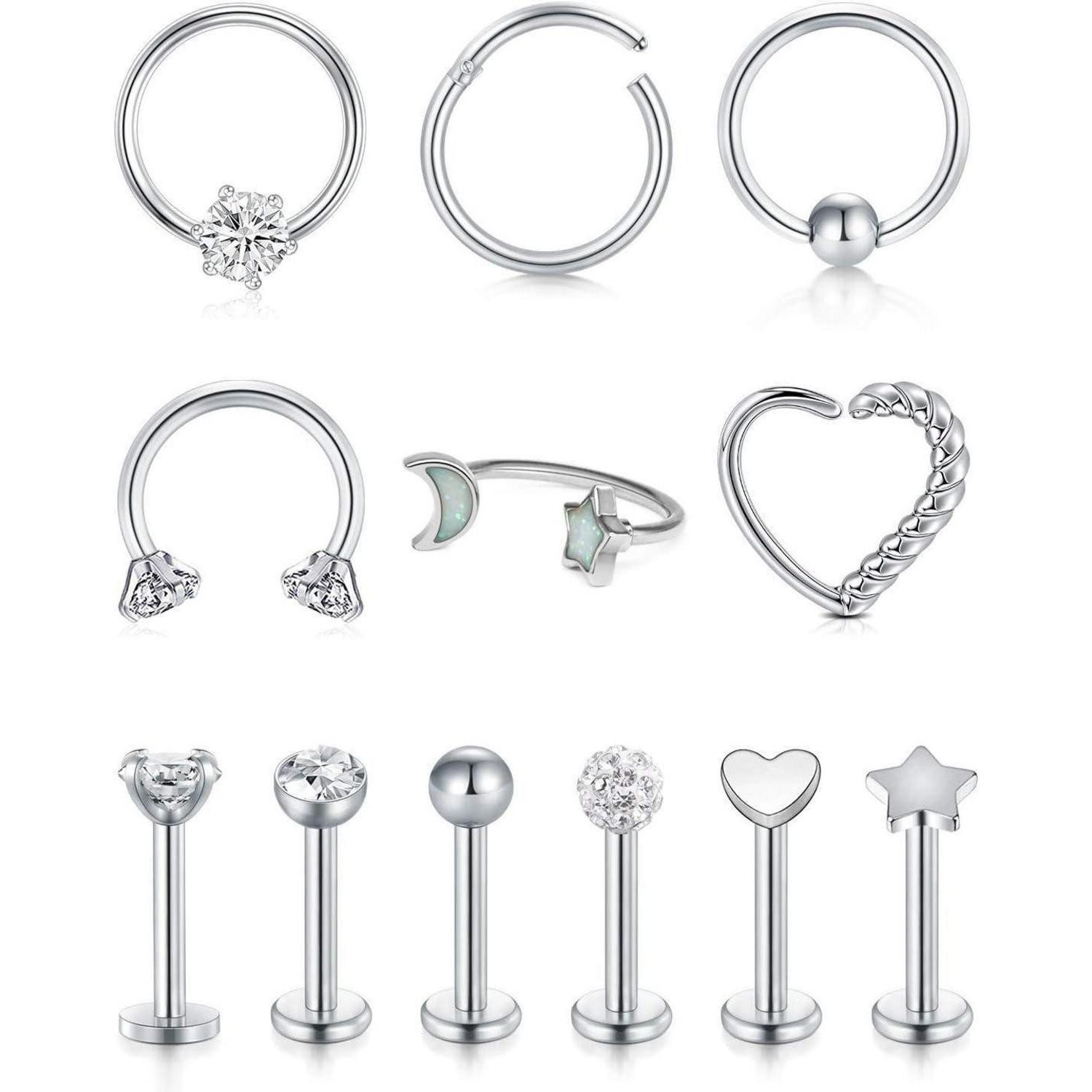 Piercing-Set Piercing Tragus Helix Chirurgenstahl 16G CZ E06:12 Stück Silber