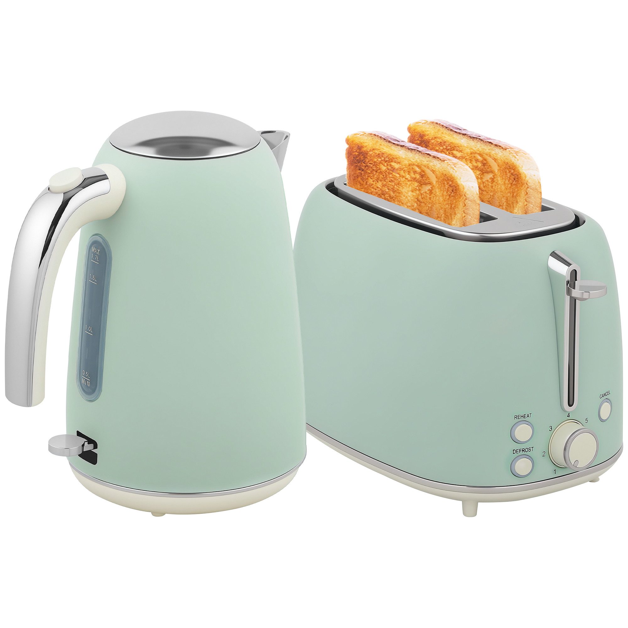 Fyrove Wasserkocher 2-teiliges Set Wasserkocher & Toaster, 1,7L 2200W, 2 Toast, Strix-Thermostat, 7 Bräunungsstufen, Grün