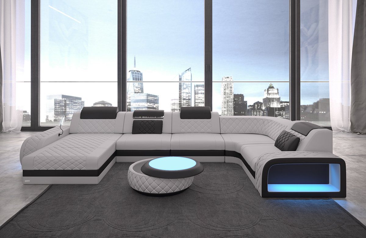 Polster mit als Bettfunktion Schlafsofa, C78 Dreams Form Sofa mit LED, Berlin Sofa Stoffsofa, U Stoff Wohnlandschaft wahlweise Couch Hellgrau-Schwarz Designersofa