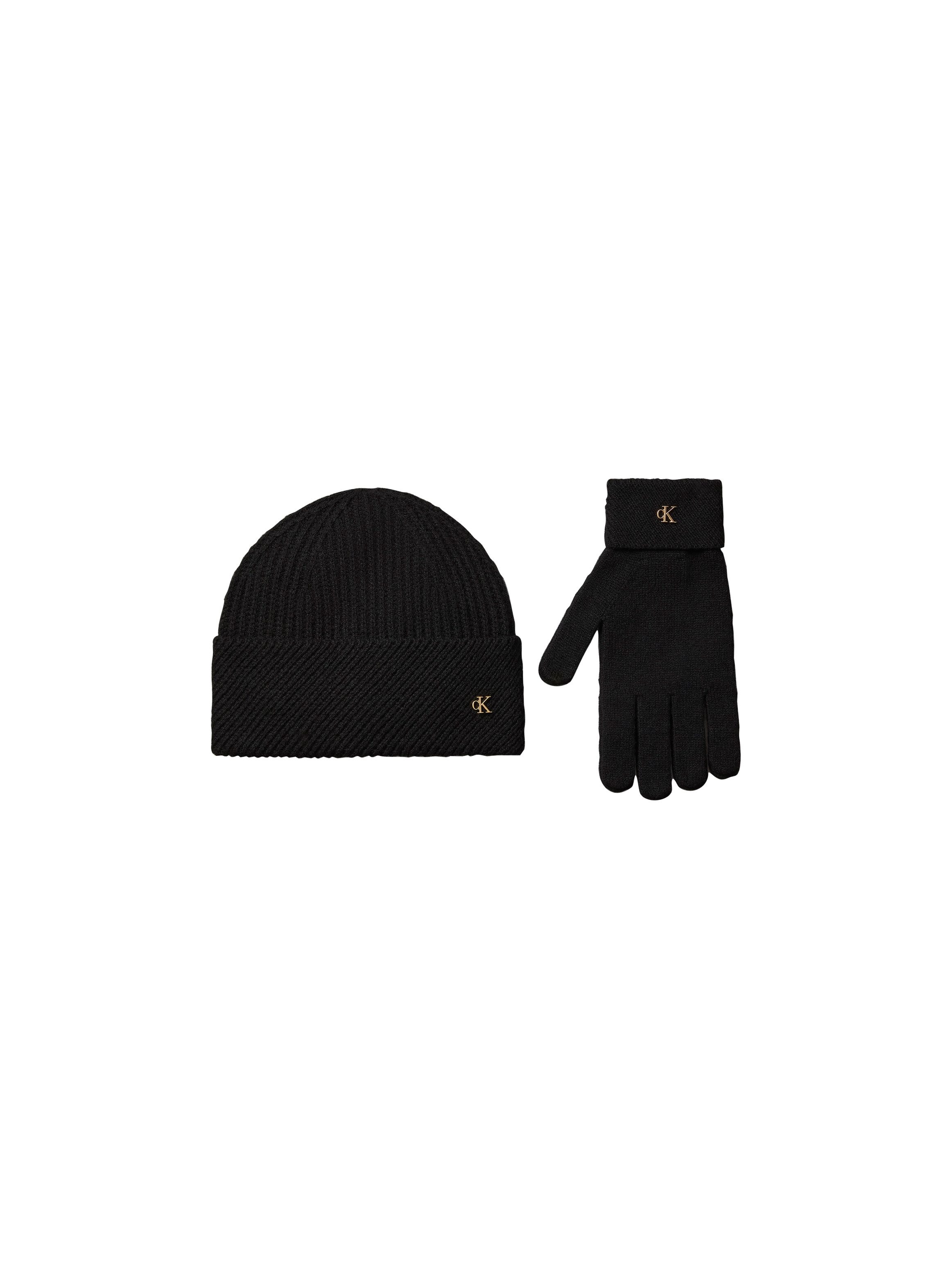 Calvin Klein Jeans Beanie CK METAL BEANIE+GLOVES GIFTSET Regular fit mit Markenlabel, Wollmischung