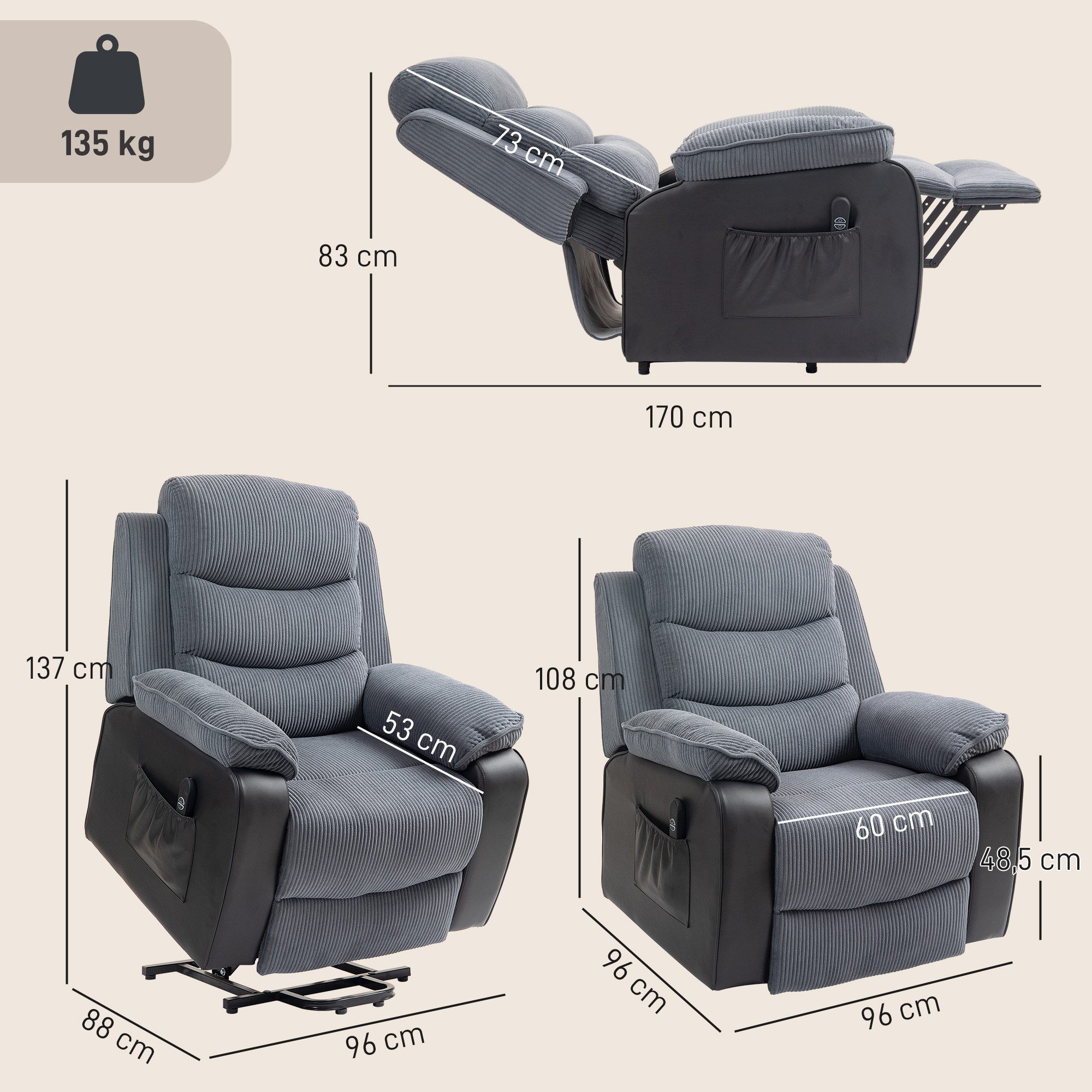 HOMCOM Relaxsessel Elektrisch mit Aufstehhilfe (Kord, 1-St., TV-Sessel), Seitentasche und Fernbedienung, Dunkelgrau – Bild 3 von 5