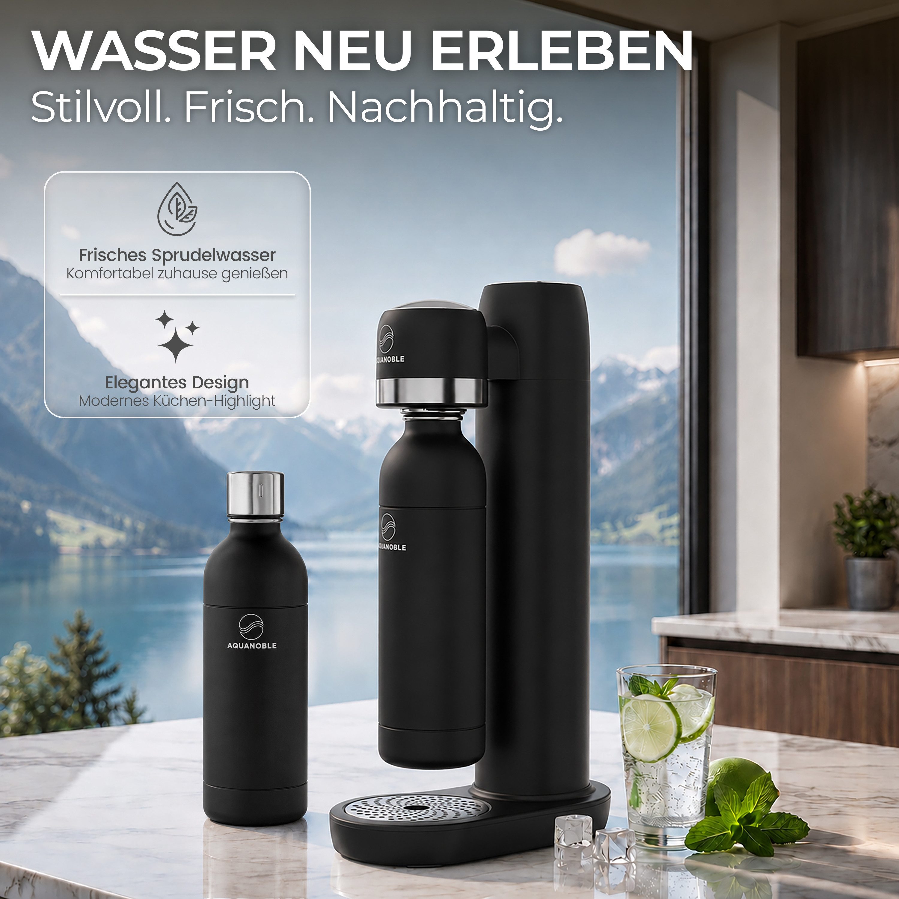 AQUANOBLE SYSTEMS Wassersprudler Wassersprudler inkl 2 Edelstahl Flaschen– CO₂ Soda Sprudler, (Set, Wassersprudler inkl. 2 …