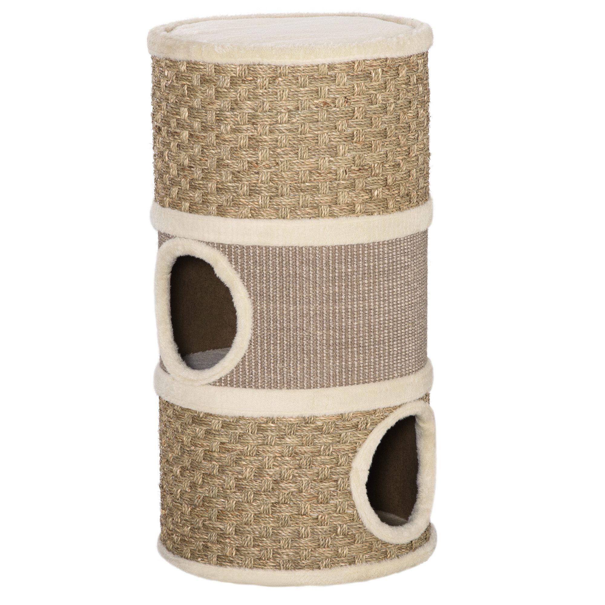 PawHut Kratztonne Katzentonne mit 3 Etagen, Kratzbaum für große Katzen, Khaki+Kaffee, (katzentunnel, 1-tlg., kratzsäule), Sisal Plüsch
