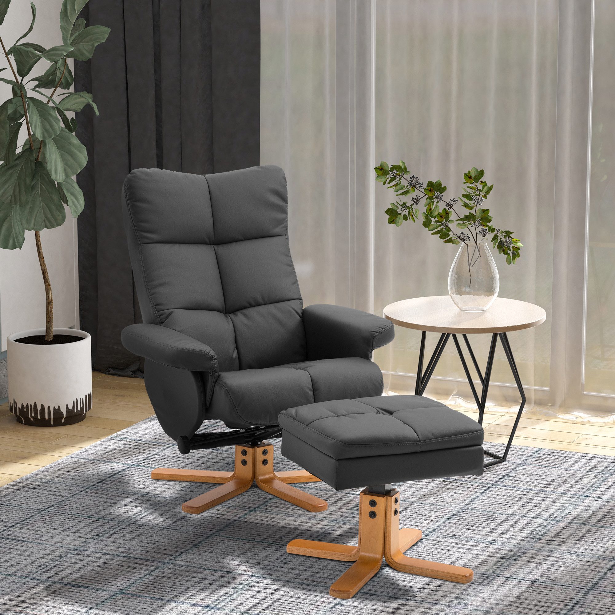 HOMCOM Polsterstuhl Lesesessel mit Hocker, Liegefunktion für Schlafzimmer, Wohnzimmer (Relaxsessel, 2 St), für Wohnzimmer, Schwarz