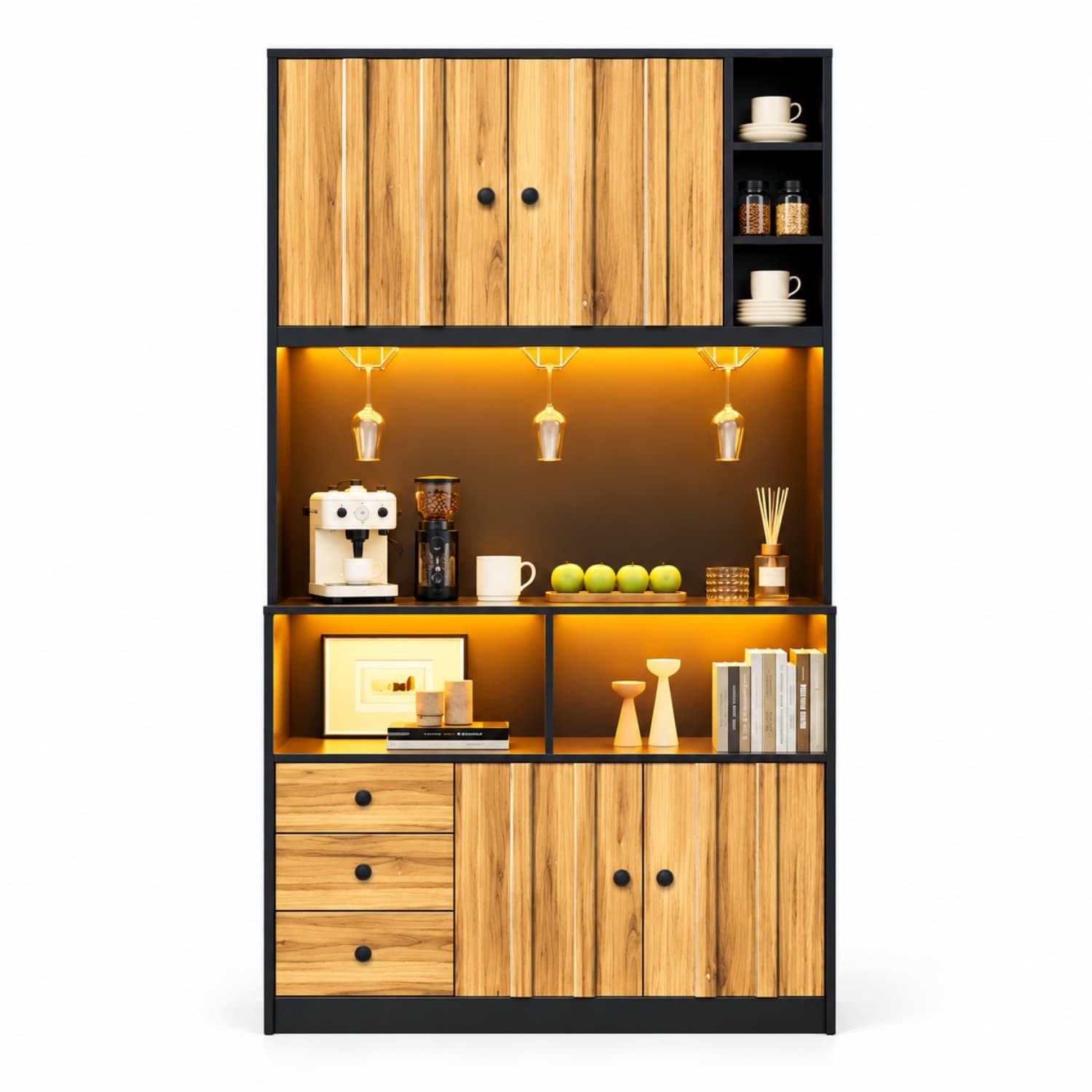 ANYSUN Küchenbuffet Küchenschrank mit LED, Steckdosen & USB, Arbeitsplatte,3 Schubladen (1-St) Hochschrank als Kaffeebar, 3 Weinglashalter & Stauraum, 100×40×180 cm