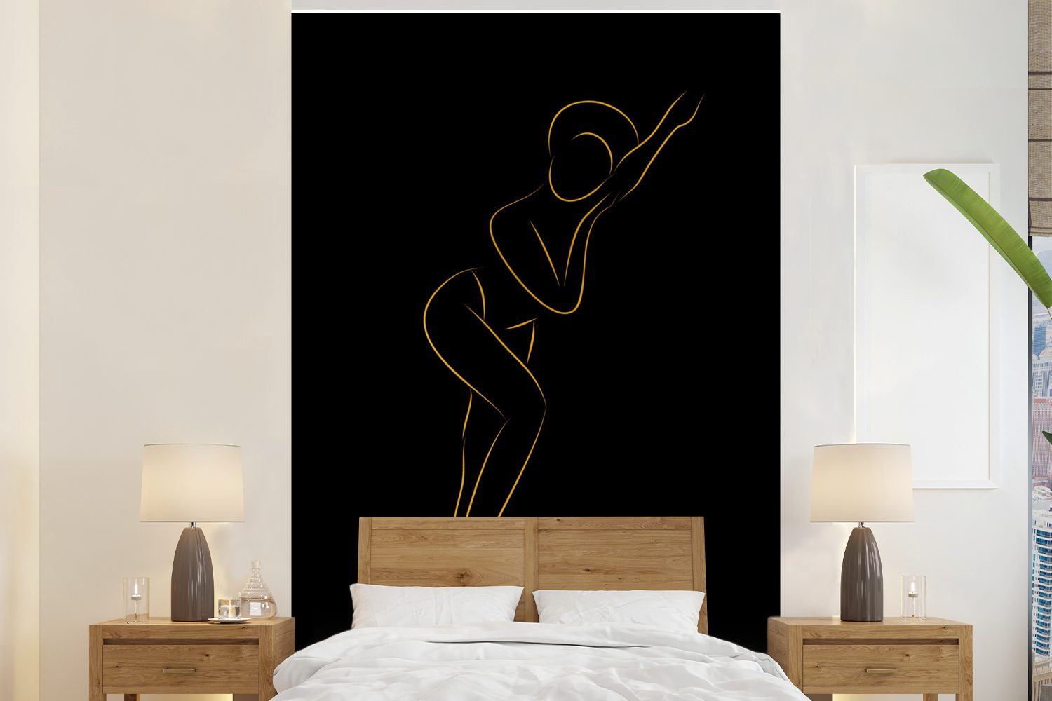 MuchoWow Fototapete Frau - Schwarz - Gold - Strichzeichnung, Matt, bedruckt, (3 St), Montagefertig Vinyl Tapete für Wohnzimmer, Wandtapete