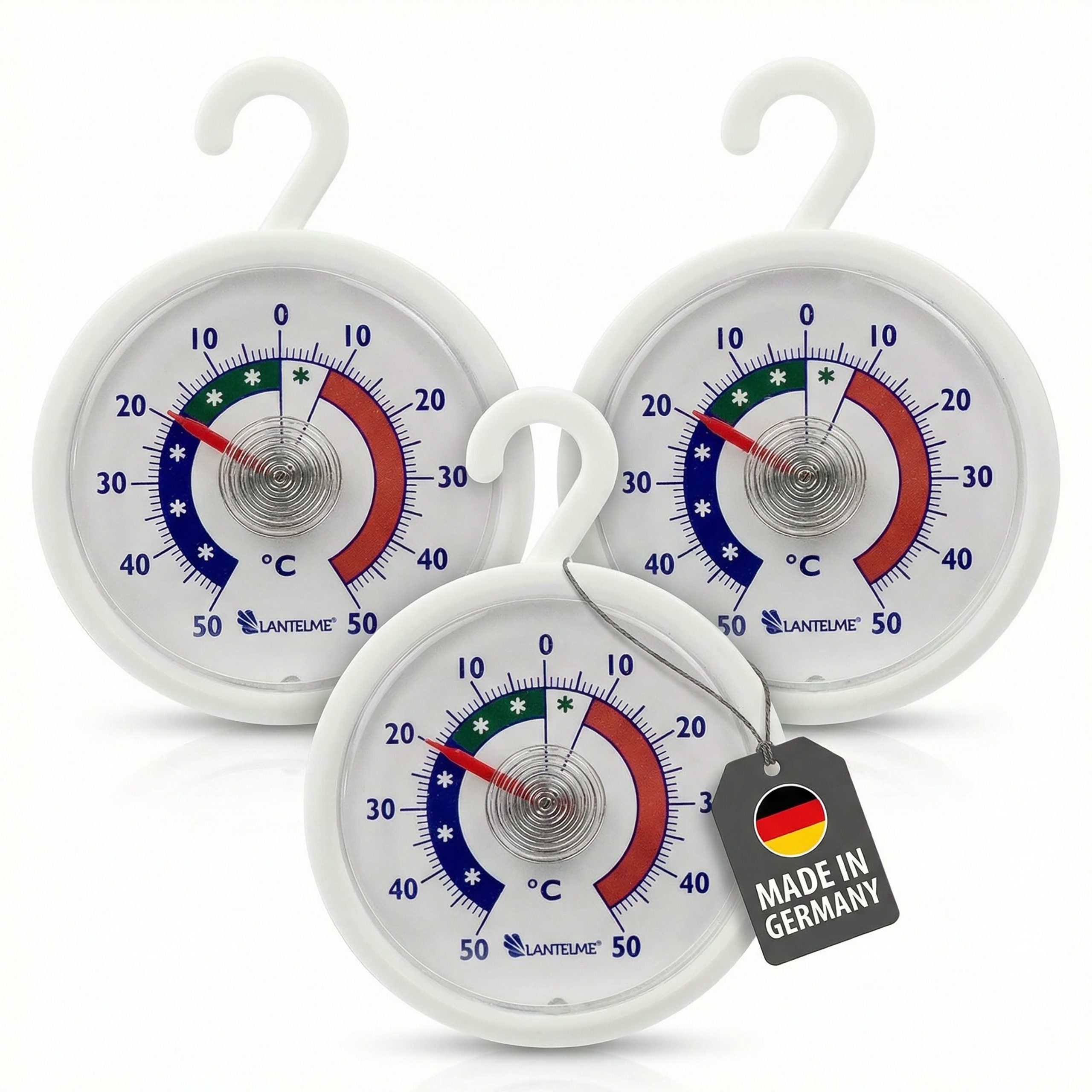 Lantelme Kühlschrankthermometer 3 Stück Set + - 50°C Thermometer mit Klebepad und Haken zum aufhängen, 3-tlg., Auch für Gefrierschrank und Kühltruhe, Deutsche Herstellung