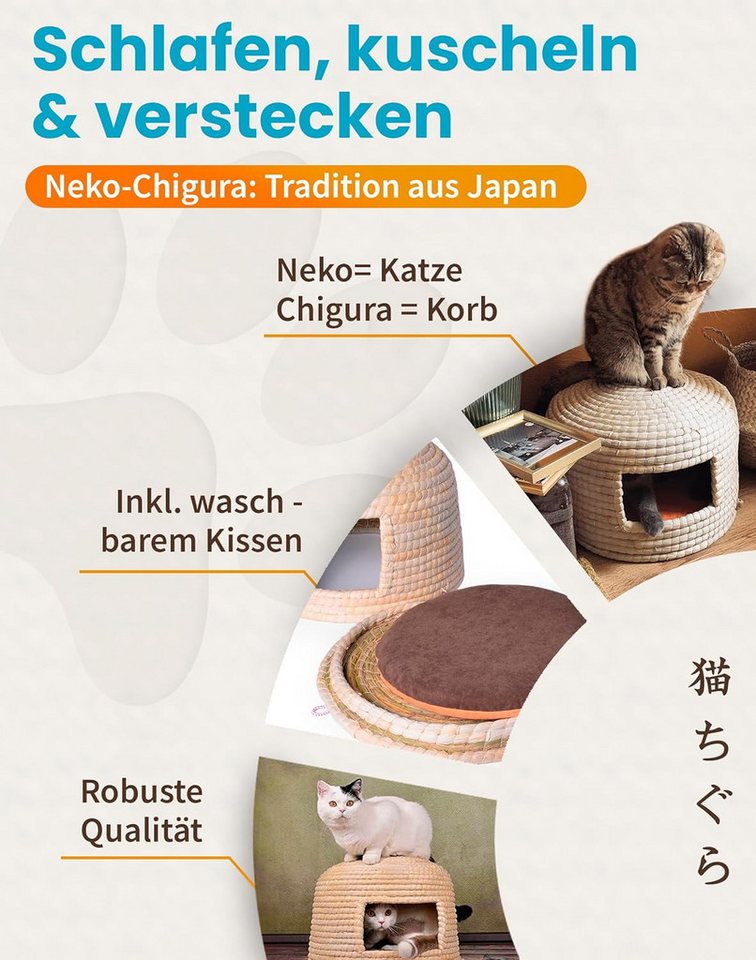 Thumbnail - Lucky-Kitty Tierhöhle Handgefertigter Katzenkorb Neko-Chigura aus Maisstroh mit Kissen, Schlafplatz, Katzenhöhle, japani...