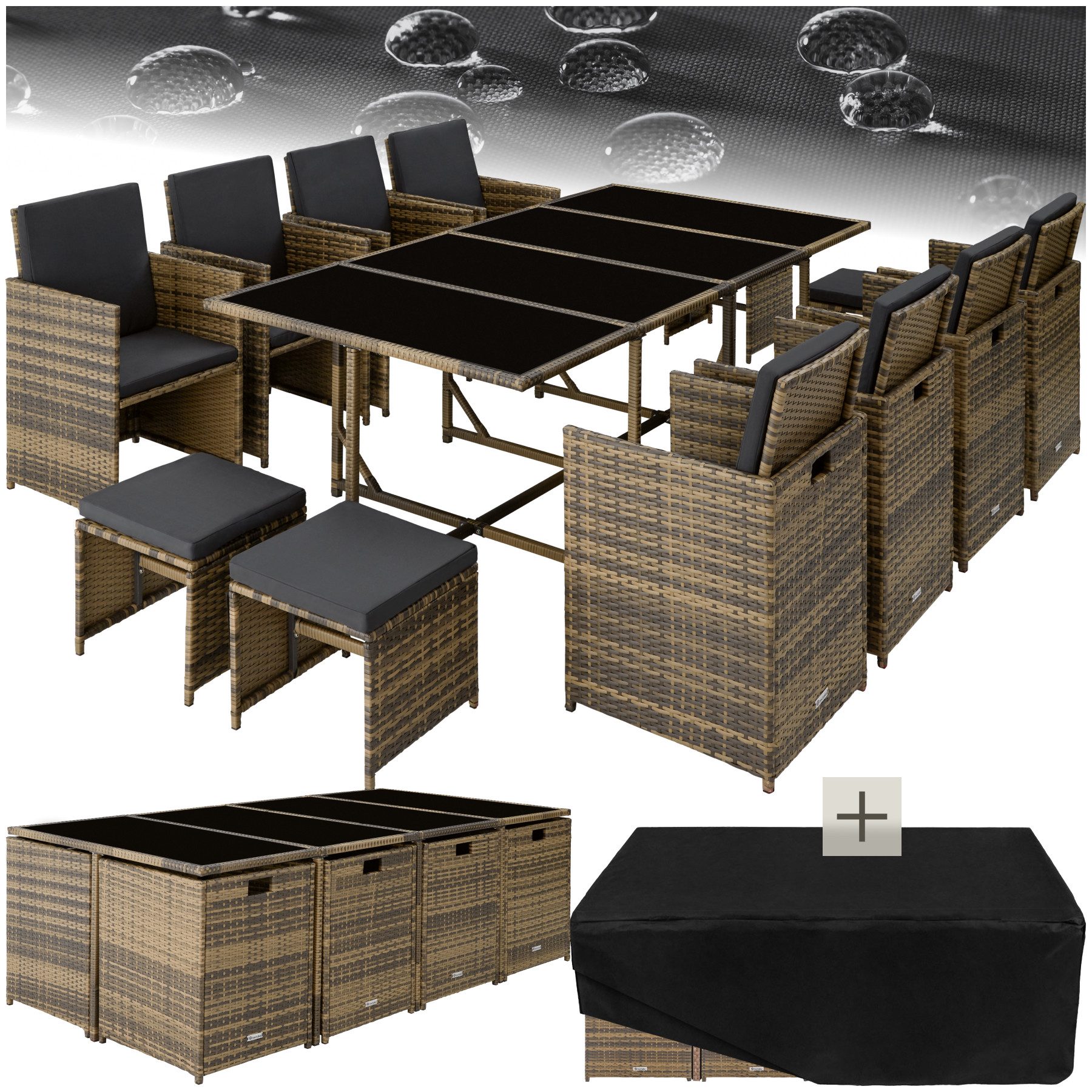 tectake Sitzgruppe Polyrattan Gartengarnitur wetterfest, inkl. Schutzhülle, (Gartenmöbel Set Rattan Palma, 12-tlg., in Natur/dunkelgrau), 20 Polster, abnehmbare Kissenbezüge, Inkl. Zubehör