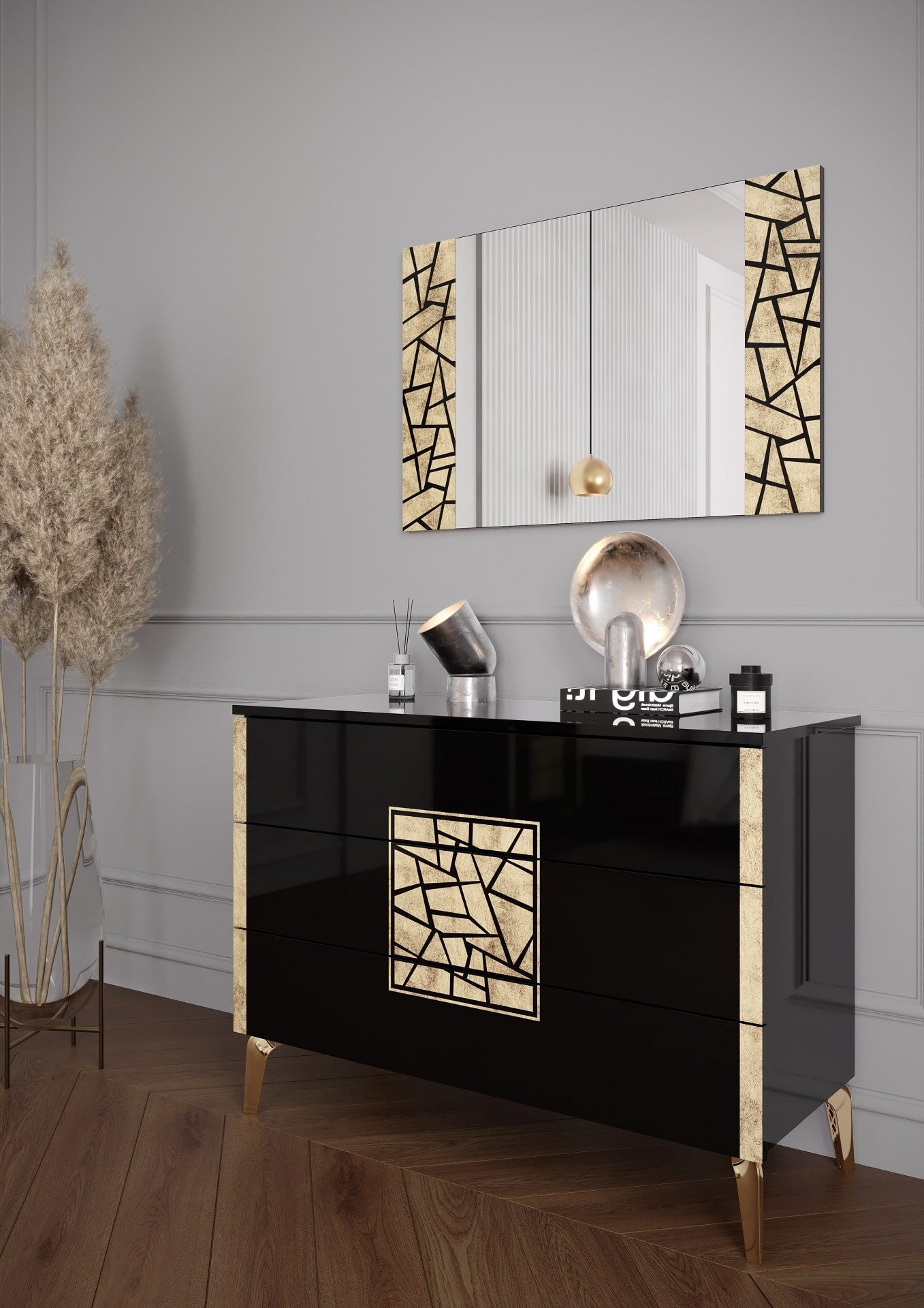 Interdesign24 Kommode Stella (mit 3 Schubladen, in Schwarz/Gold Hochglanz), Made in Italy