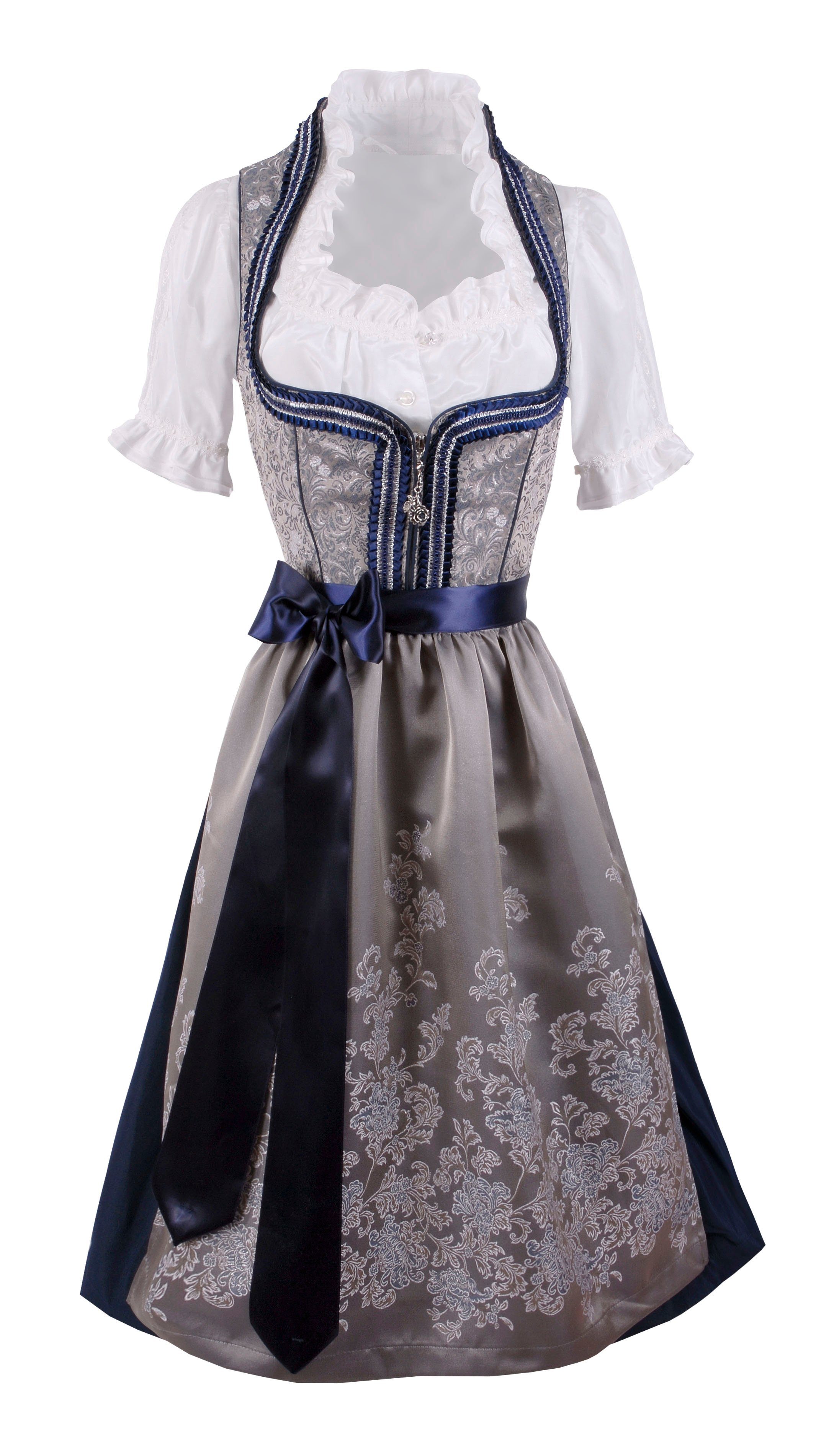 Moschen-Bayern Dirndl Midi Dirndl kurz Damen Trachtenkleid Oktoberfest Wiesn-Dirndl 70 cm Spitzenschürze elegant festlich Hochzeit Silber Blau Kurz, Trachtenkleid, Midi, Hochzeit, Spitze, festlich, elegant, Dirndl