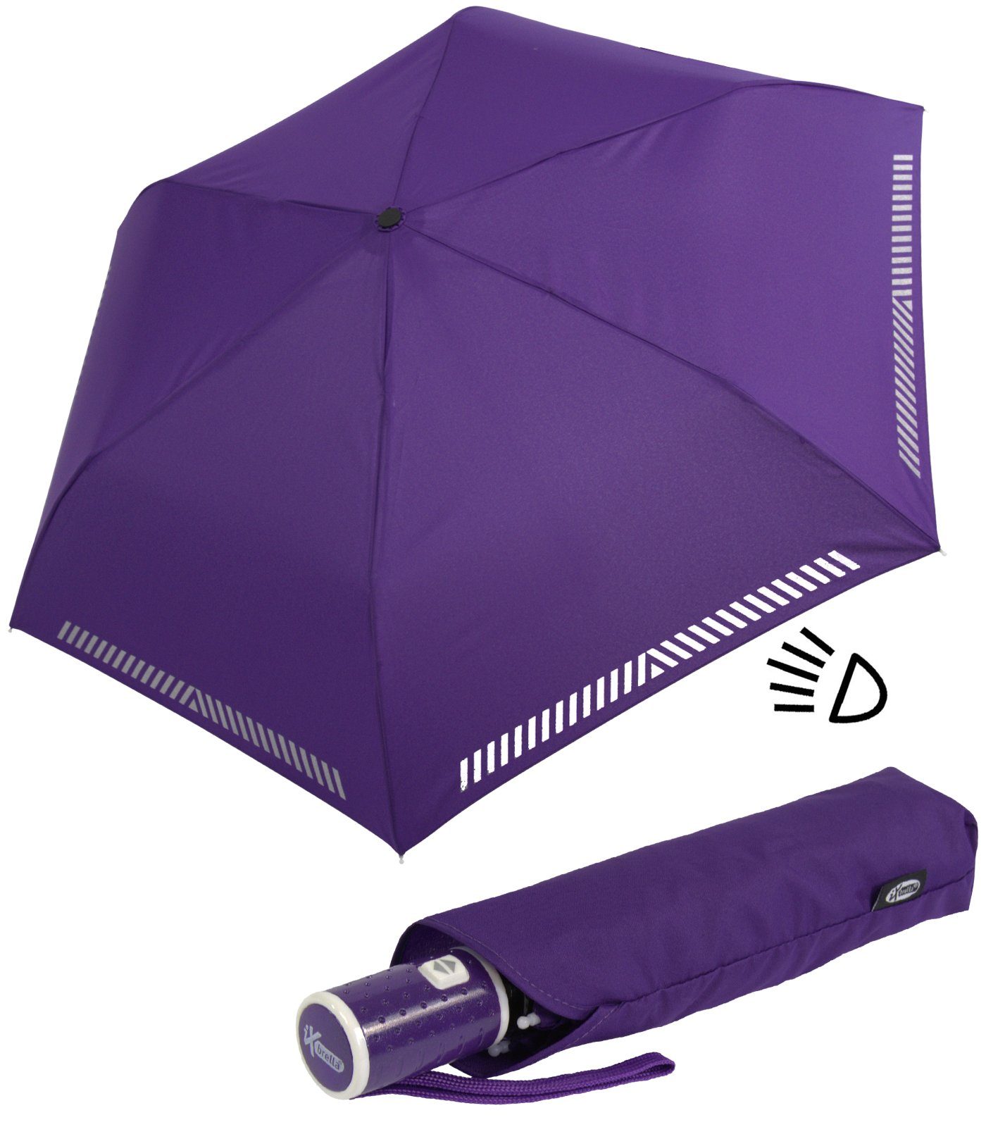 Neue Funktion! iX-brella Taschenregenschirm Kinderschirm mit durch - Reflex-Streifen Sicherheit Auf-Zu-Automatik, reflektierend, berry