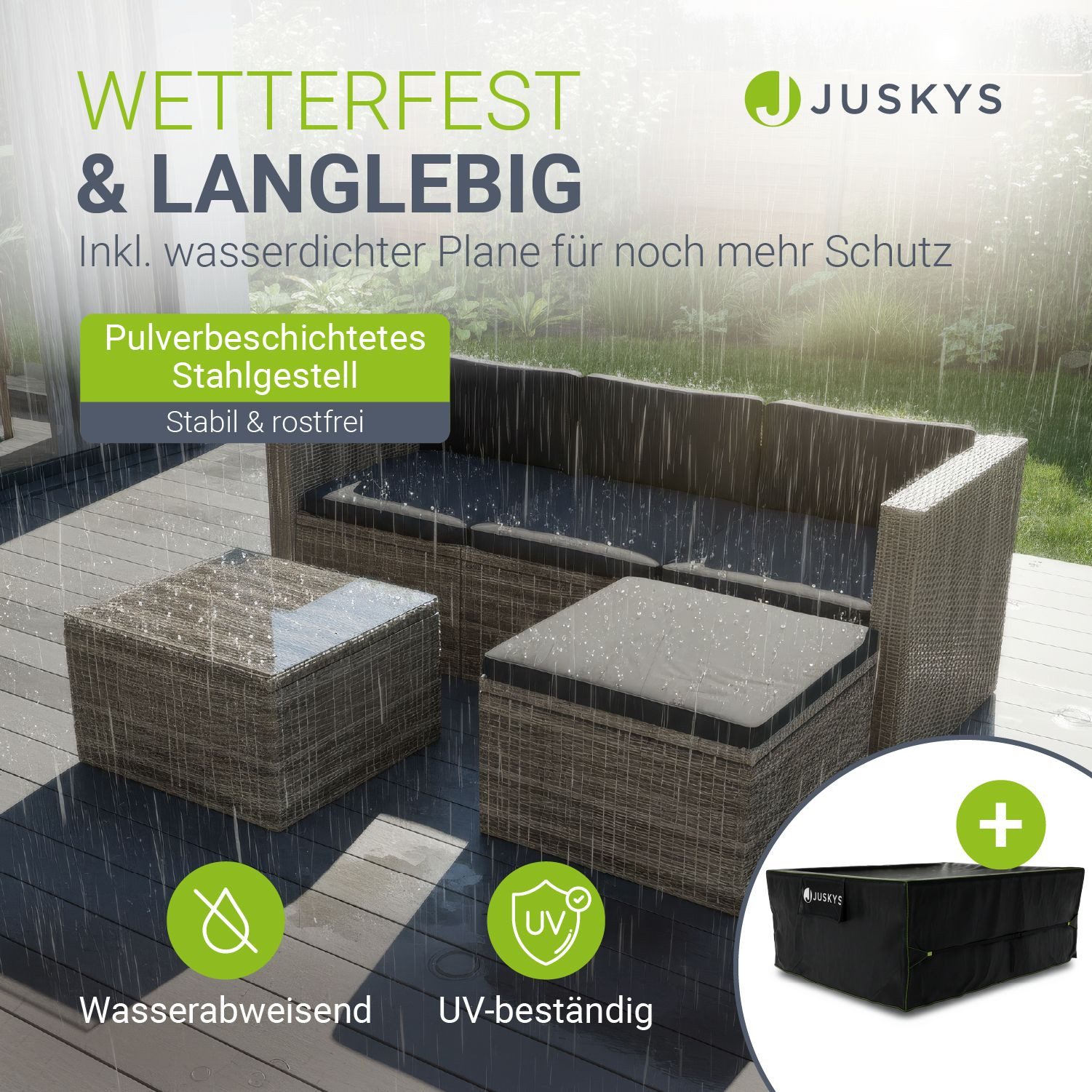 Juskys Gartenlounge-Set Punta Cana, (Set, Sitzgruppe), Polyrattan Sitzgarnitur mit 1 Tisch, 1 Sofa und 1 Hocker, 1 Abdeckung