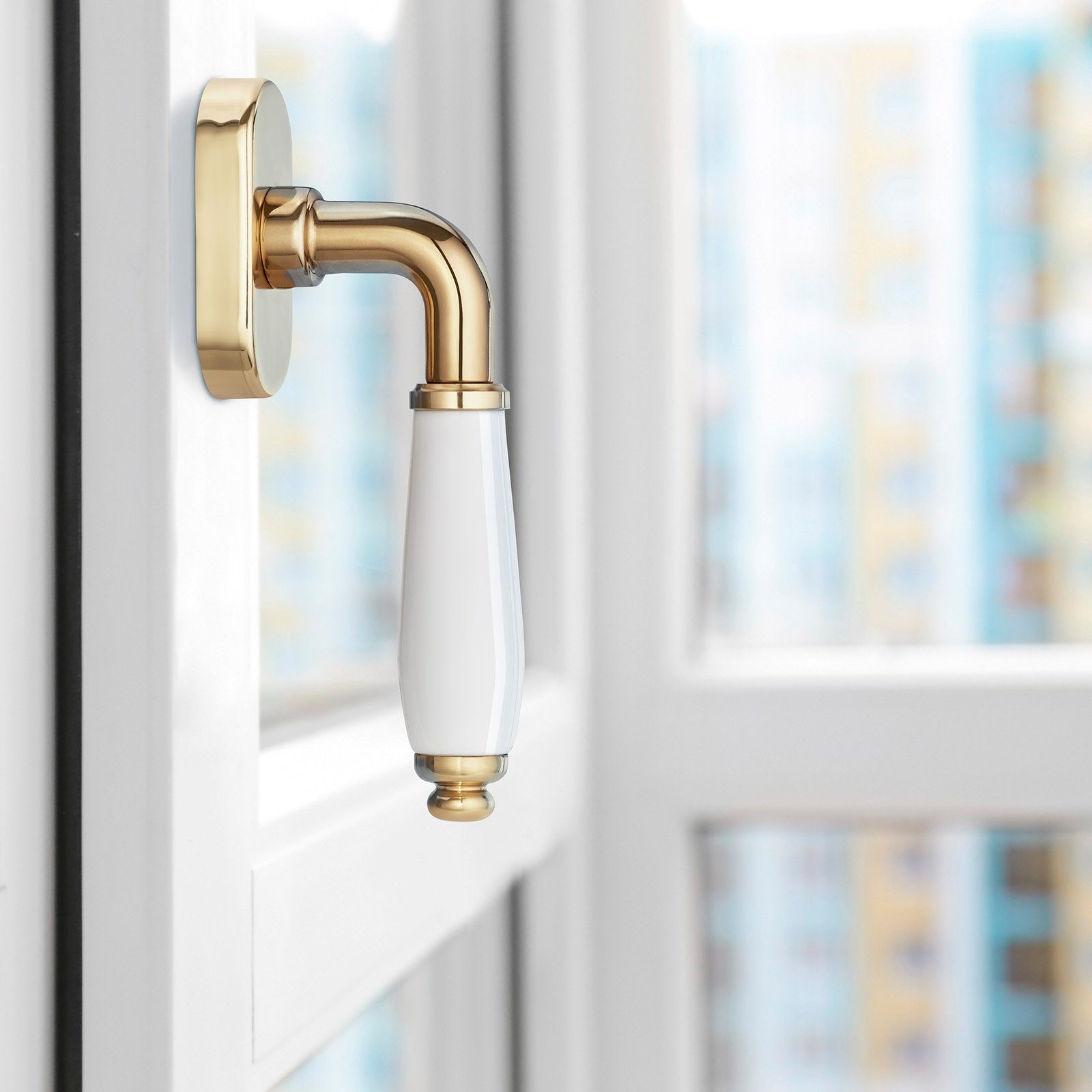 SO-TECH® Fenstergriff MATTEO Fenster-Olive mit 90° Rasterung für Drehkippfenster, Messingoptik poliert Fensterolive Griff weiß ohne Schließzyl