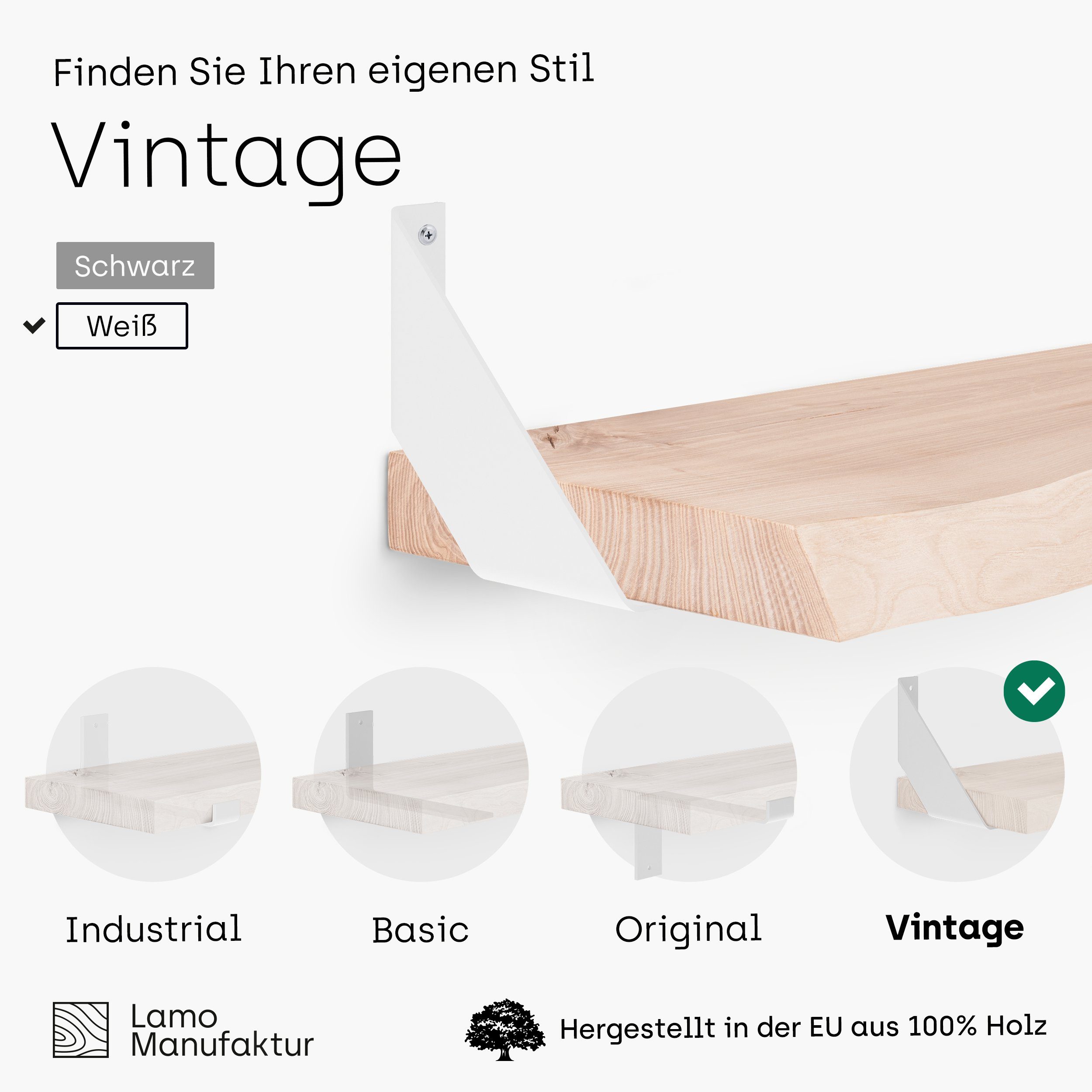 Vintage, Massivholzplatte LAMO Roh 40mm Wandregal Komplett-Set, Manufaktur stake