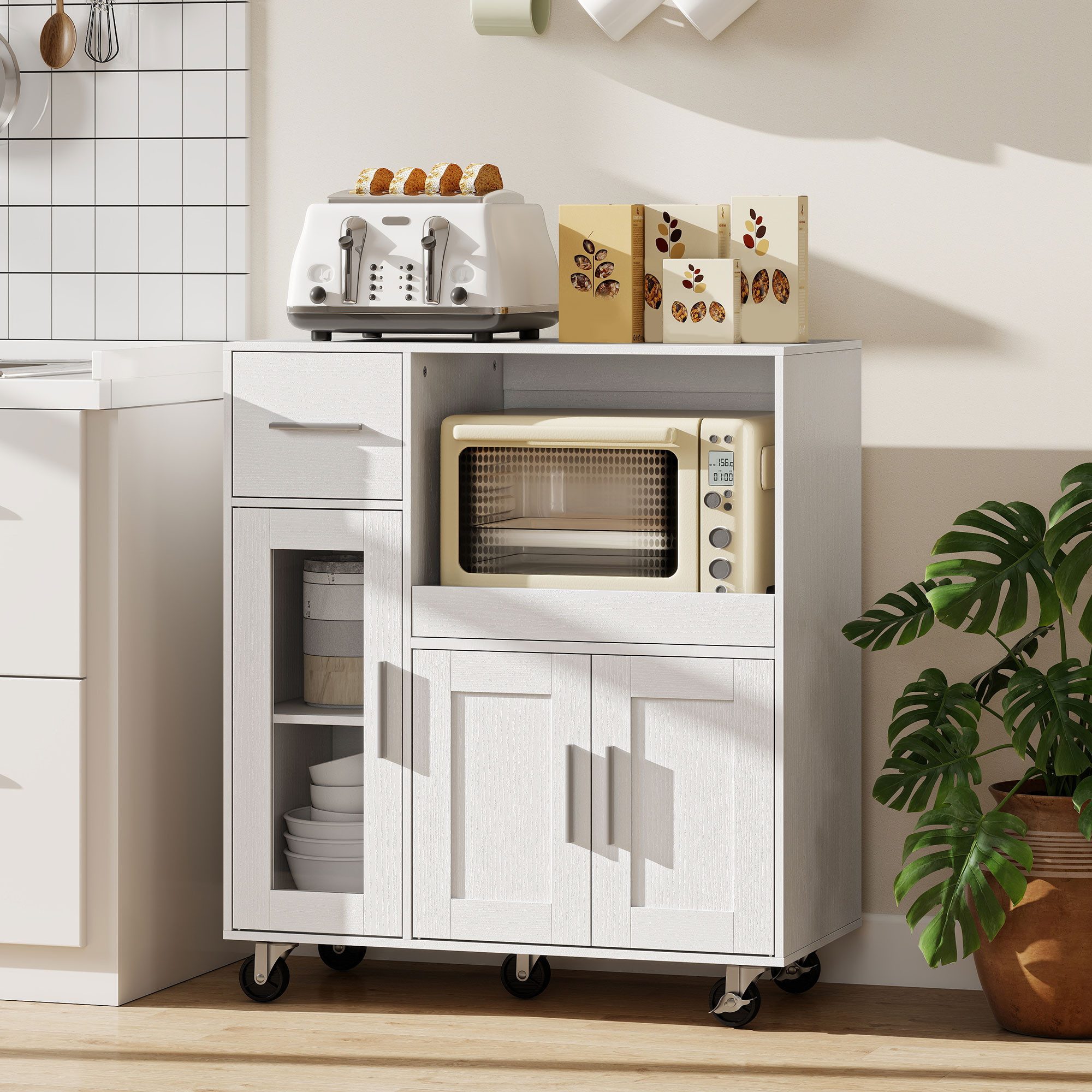 HOMCOM Küchenbuffet Sideboard, Mikrowellenschrank, Schublade, verstellbare Ablagen (Küchenbuffet, 1-St., Küchenschrank) für Küche, Esszimmer, Weiß