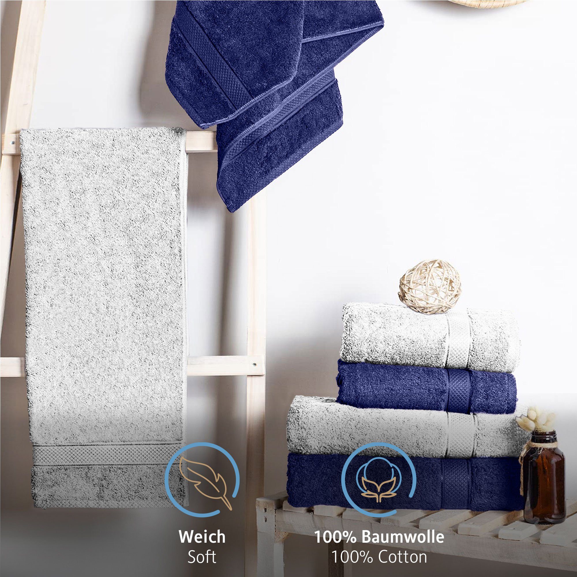 Komfortec Handtücher 100% Baumwolle, Set, Weich Badetücher Weiß/Navyblau Frottee (8-St), 50x100 g/m², cm 470