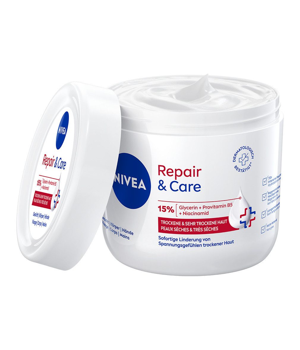 Nivea Körpercreme Repair & Care Creme 2 x 400 ml 72h Feuchtigkeit, 2-tlg., Ohne Paraffine, Silikone