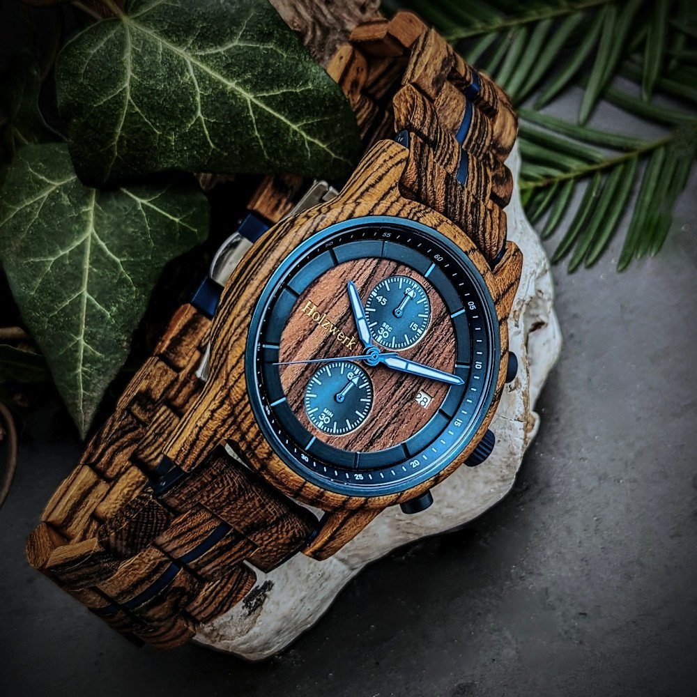 blau Holz SEELAND metallic Chronograph Holzwerk Datum Uhr Herren Armband in mit braun,