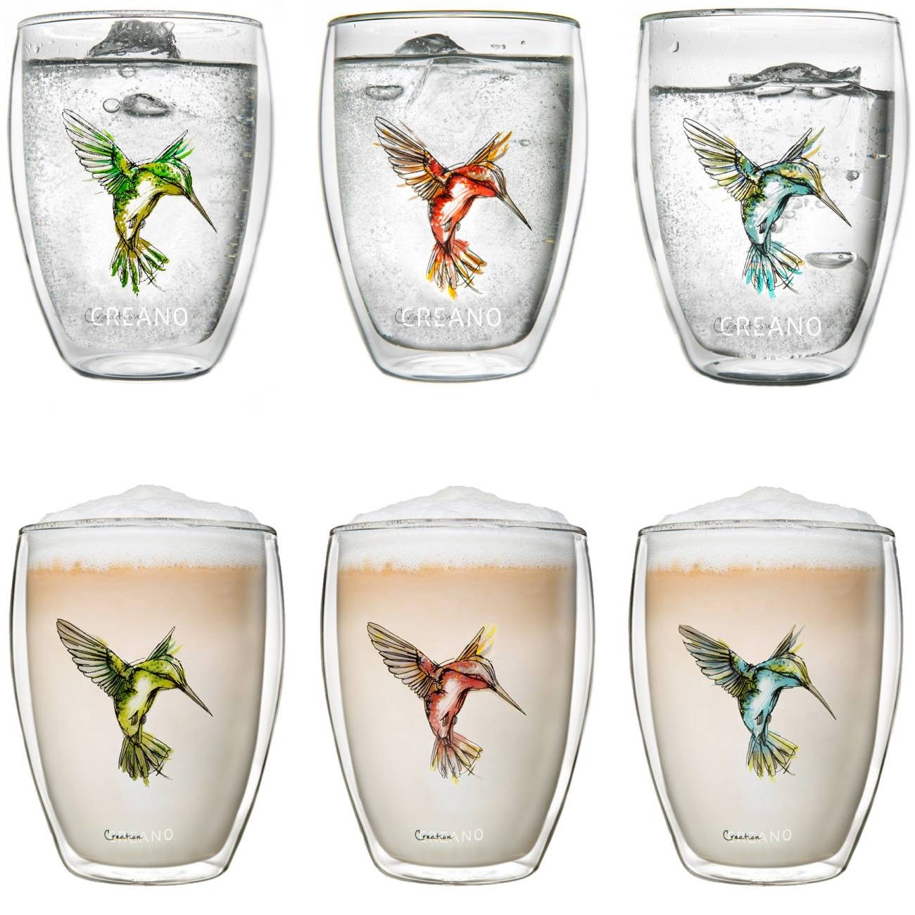 Creano Teeglas Creano doppelwandige Tee-Gläser, Hummi Kolibri Design, 6er Set, 250 ml, Borosilikatglas, 6-teilig