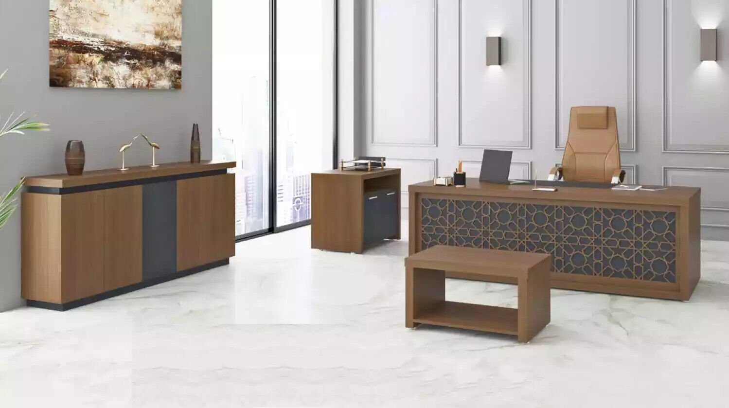 JVmoebel Schreibtisch Holzmöbel Büro Set Schreibtisch Couchtisch Designer (4-St., Schreibtisch, Couchtisch, Beistelltisch, Schrank), Made in Europa