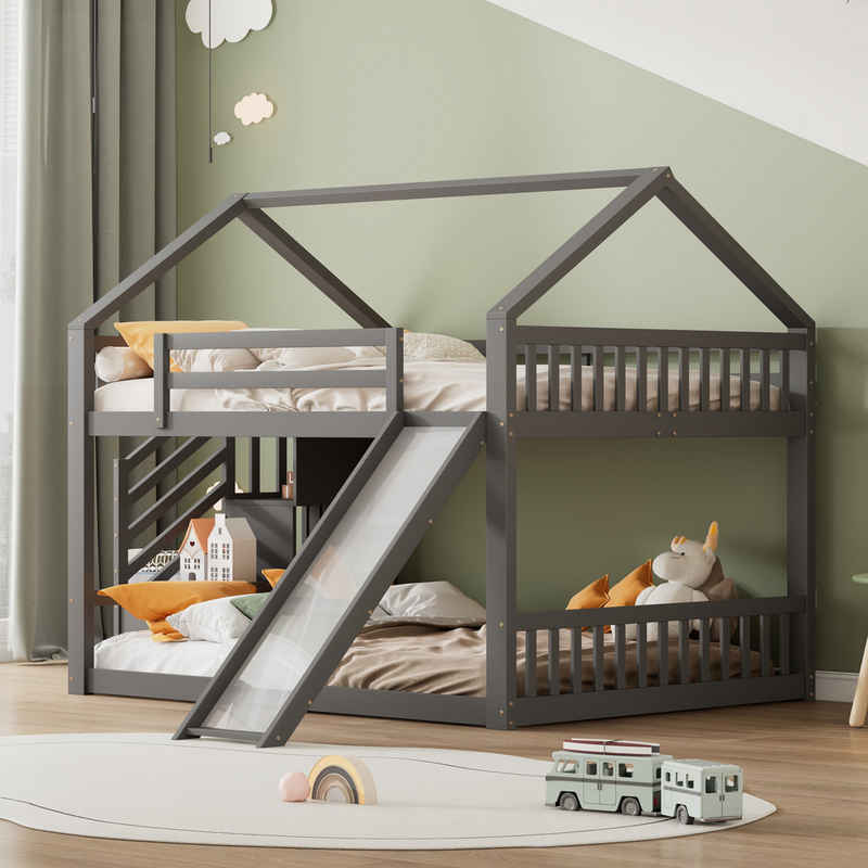 Odikalo Kinderbett Etagenbett Hausbett Stauraumtreppe Rutsche Geländer Weiß/Grau 140x200