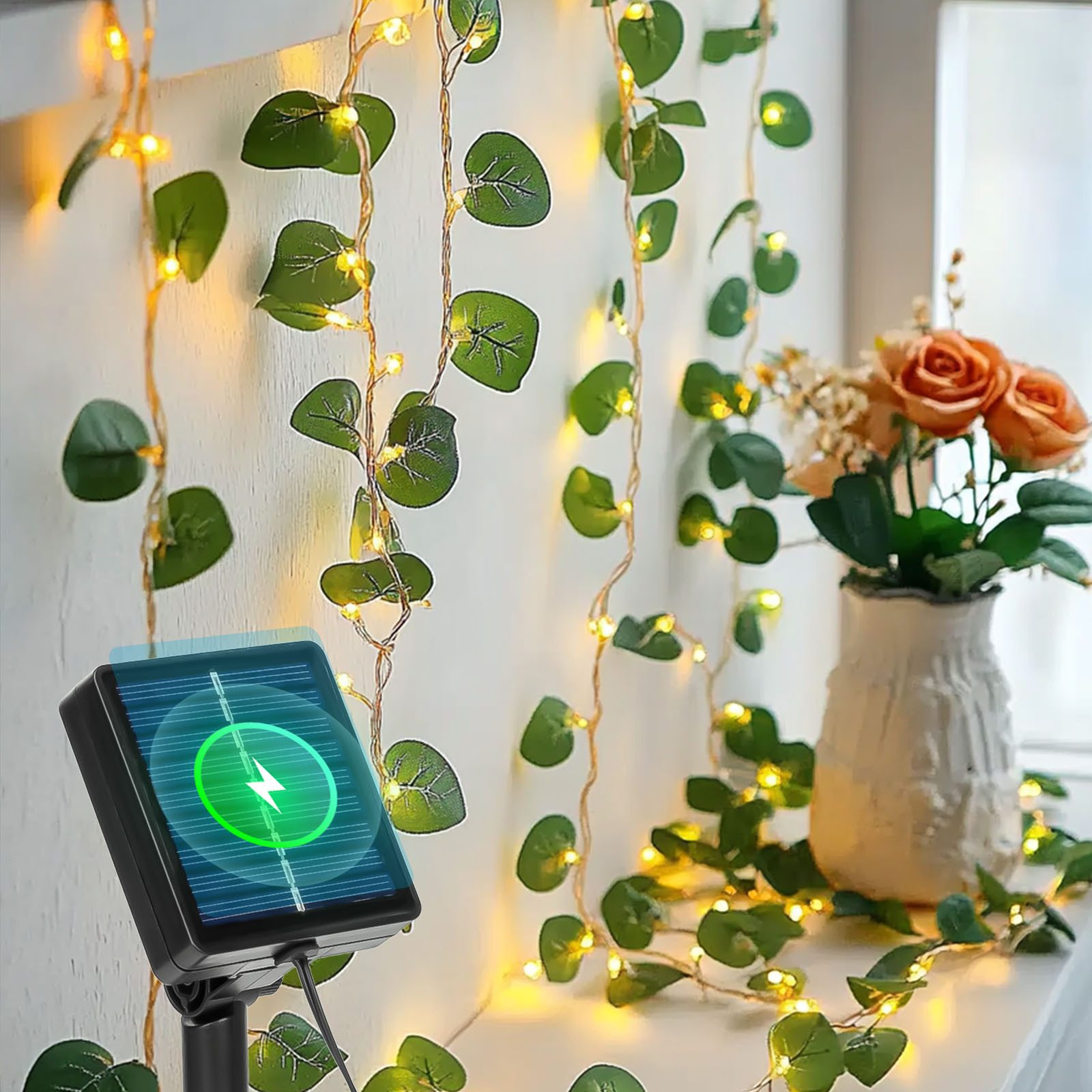 Aigostar LED-Lichterkette Lichterkette Solar Außen 12M 100LED Künstlicher Efeu Lichterkette IP65, 8 Lichtfunktionen
