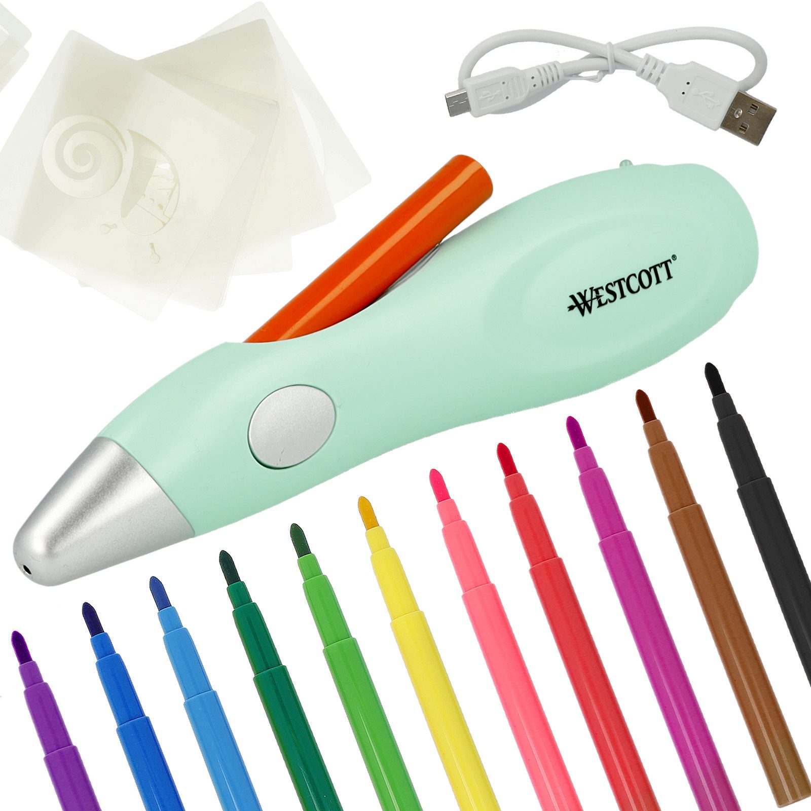 WESTCOTT Airbrushpistole Airbrush Set Kinder, Elektr. Farbsprühstift mit 12 Filzstiften, USB, inklusive 19 Schablonen
