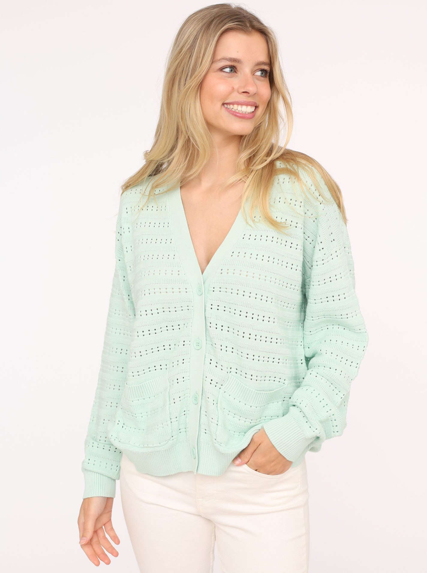 Zwillingsherz Strickjacke Lochstrick-Muster, Langarm, Knöpfe, V-Ausschnitt, günstig online kaufen