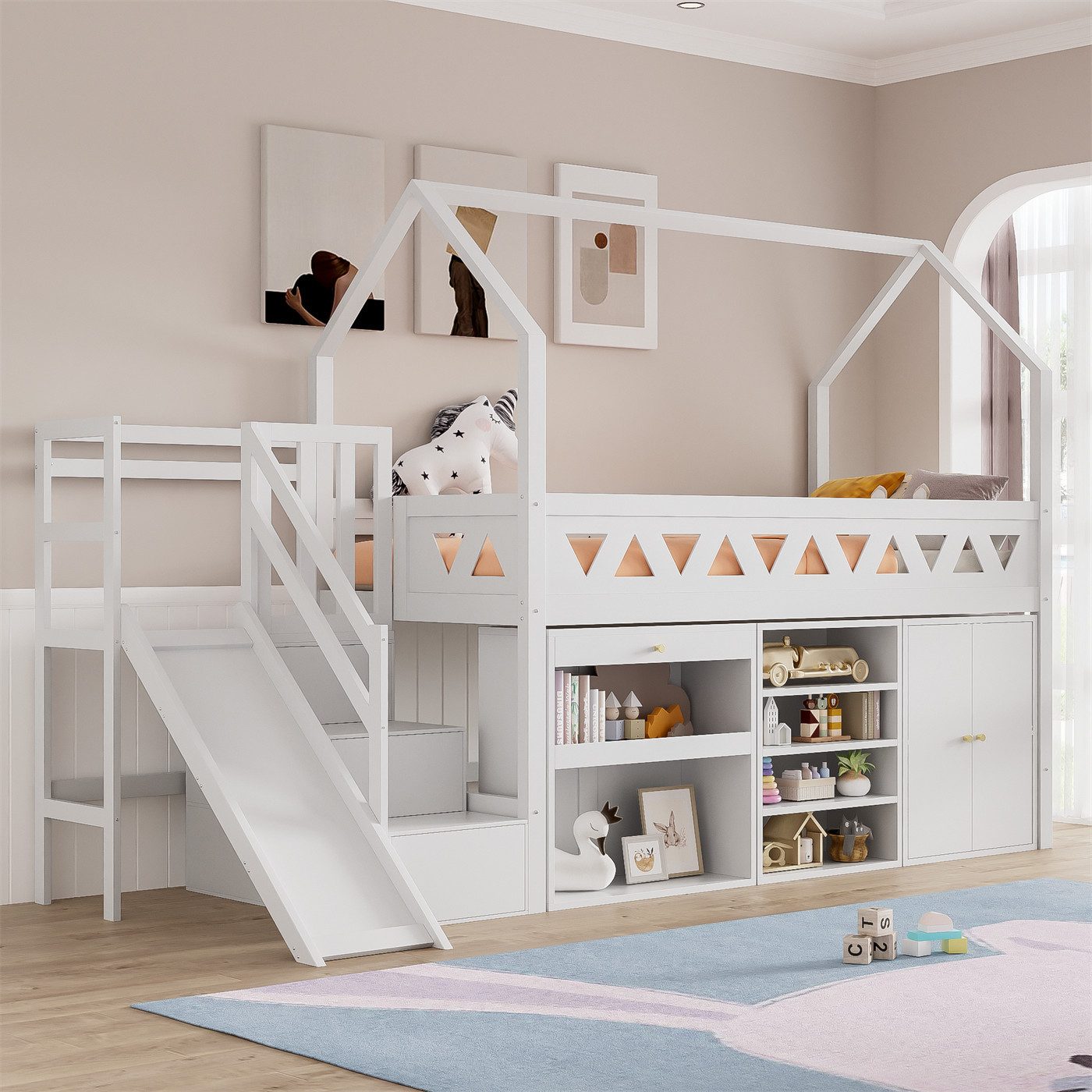 autolock Kinderbett Kinderbett, Einzelbett, multifunktionales Kinderbett mit Rutsche, Treppen,mit Schubladen und Schließfach,mit magnetischer Tür