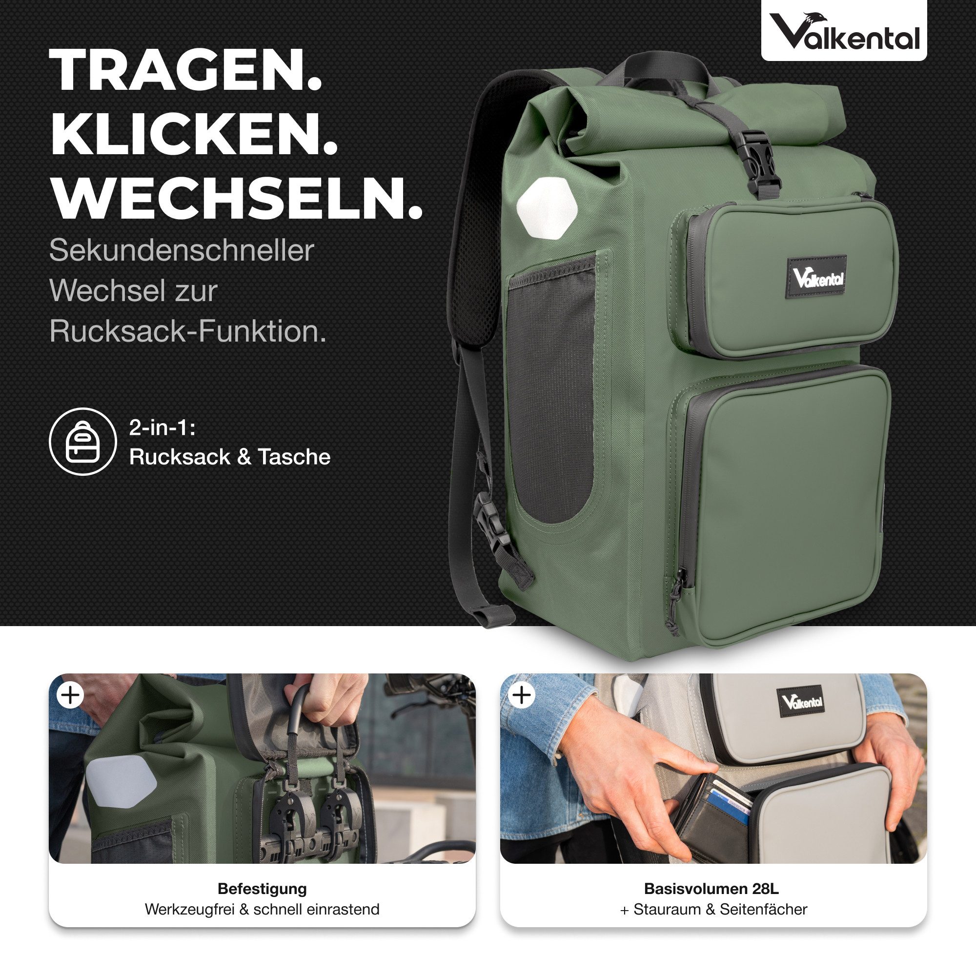 Valkental Gepäckträgertasche Gepäckträgertasche 2in1 Fahrradtasche mit Rucksackfunktion UrbanX (mit Rucksackfunktion und abschließbarer Halterung), 100 % wasserdicht & reflektierend, 28 L