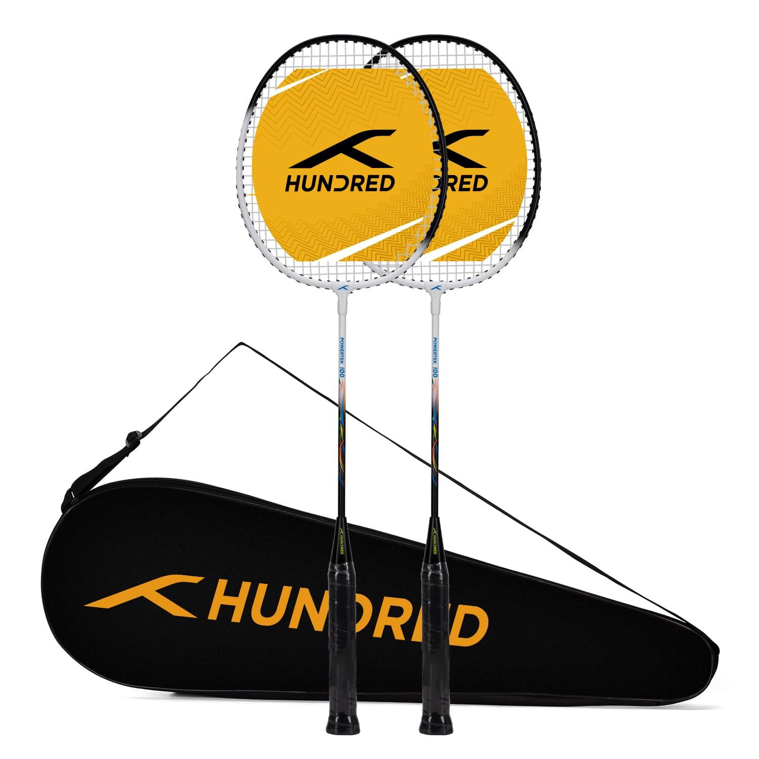 hundred Badmintonschläger POWERTEK 100 (2er Set) Schläger mit Vollbespannung, Strung, (set of 2) badminton racket with full stringing, Maximale Spannung: 16-18lbs), Badmintonschläger Graphit Leichtgewicht Profi Squash