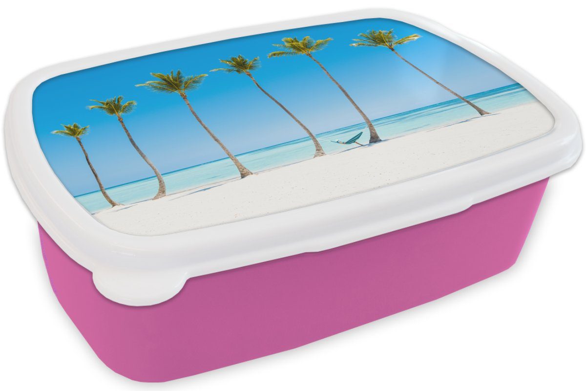 MuchoWow Lunchbox (2-tlg), - Brotdose Kunststoff rosa Meer Hängematte, Palmen - Mädchen, Brotbox Kunststoff, für Snackbox, Erwachsene, Kinder