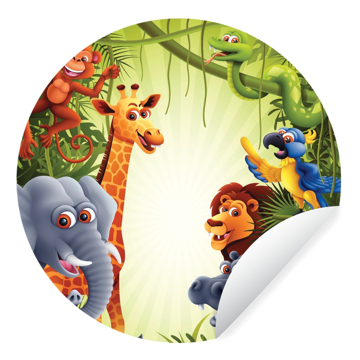 MuchoWow Wandsticker Dschungel - Jungen - Mädchen - Baby - Elefant - Löwe - Giraffe (1 St), Tapetenkreis für Kinderzimmer, Tapetenaufkleber, Rund, Wohnzimmer