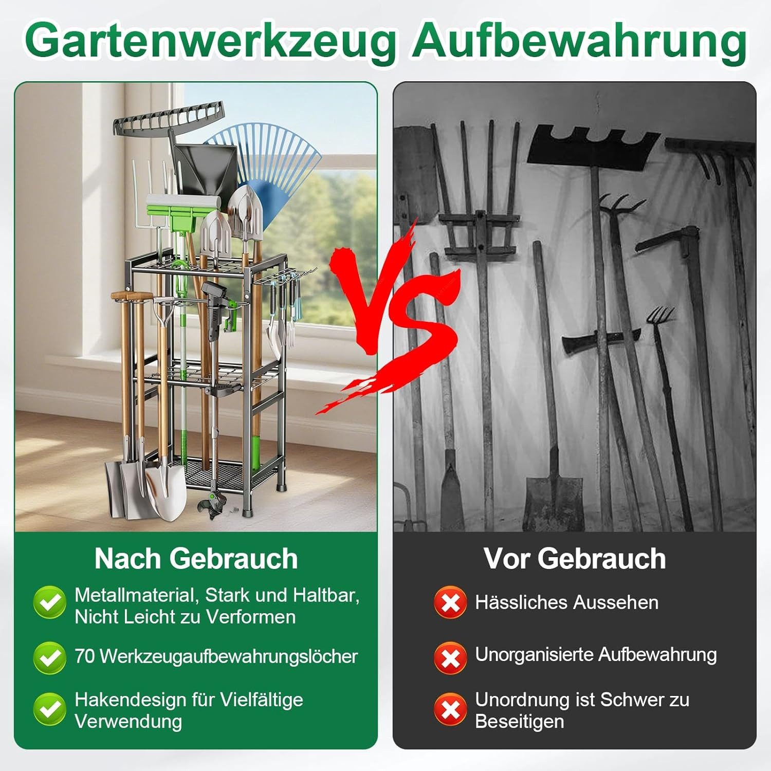 Toomoke Gartengerätehalter Gartenwerkzeug-Organizer, Werkzeugständer, (Geräteständer mit Haken, Aufbewahrungsregal für Garage & Garten, 3-Ebenen-System mit vers – Bild 3 von 5