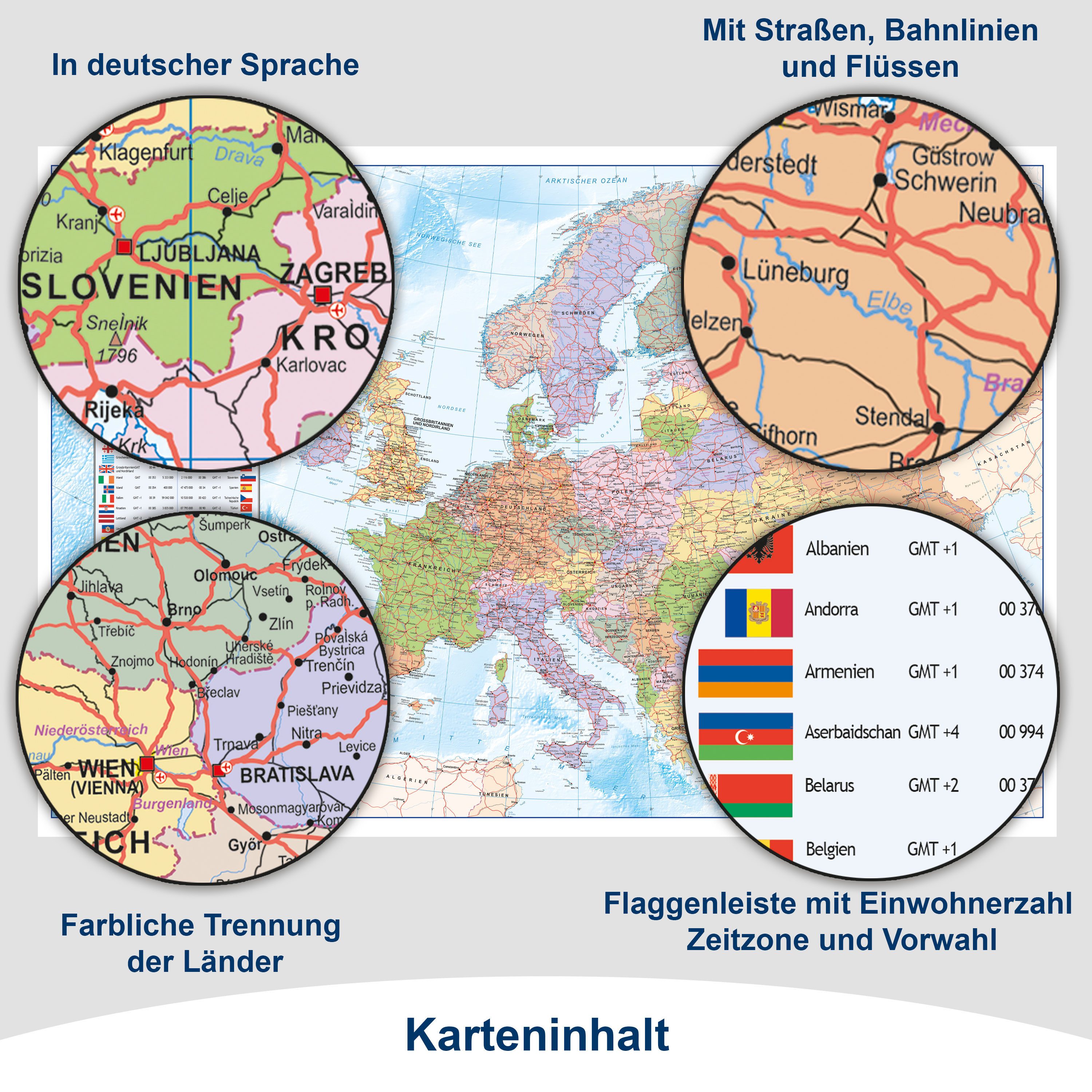 Interkart Landkarten & Globen GmbH Poster Europakarte - Deutsch - Politisch - Mit Flaggen - Stand 2026, Oberflächen beschichtetes Poster