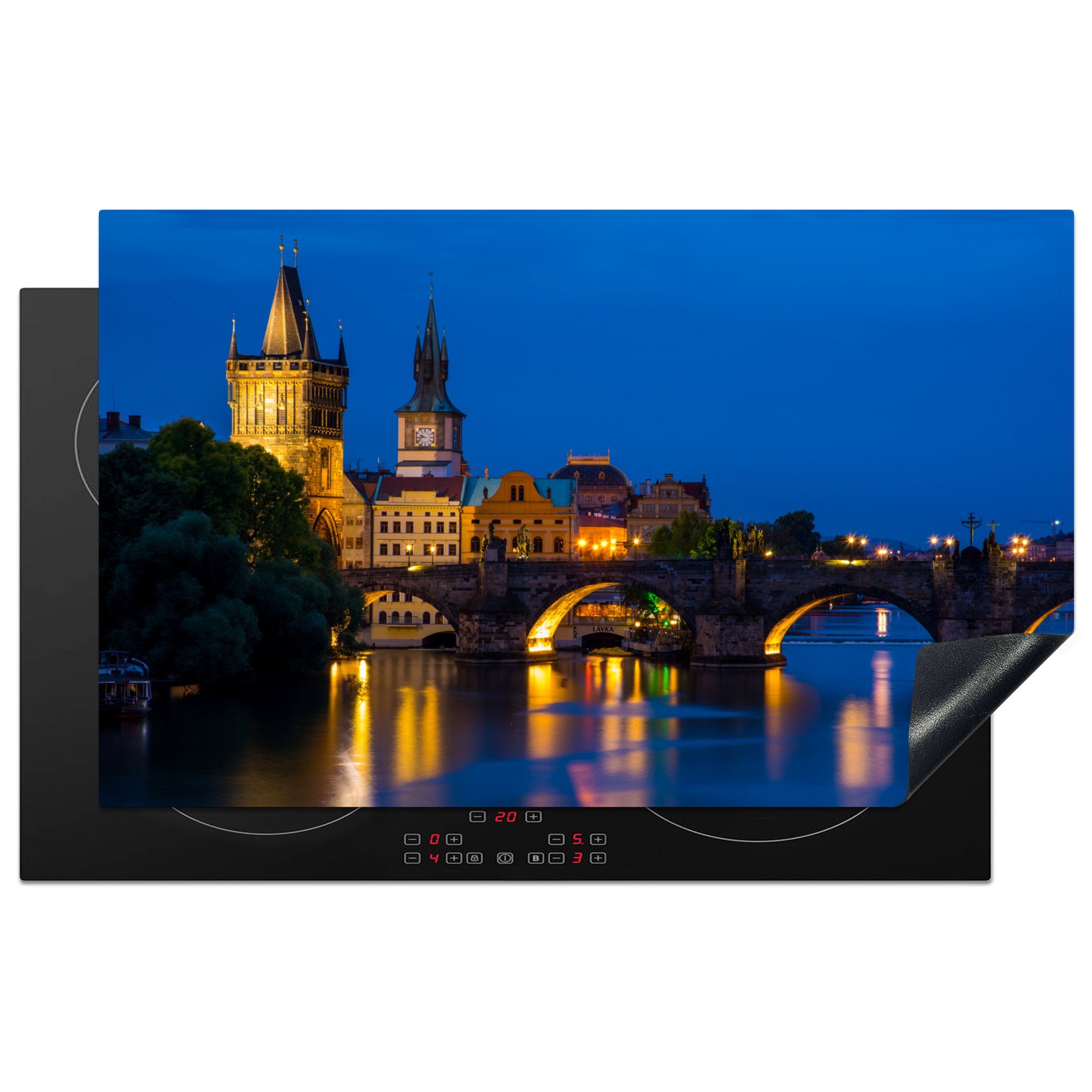 MuchoWow Herdblende-/Abdeckplatte Prag - Brücke - Licht, Vinyl, (1 tlg), 83x51 cm, Ceranfeldabdeckung, Arbeitsplatte für küche