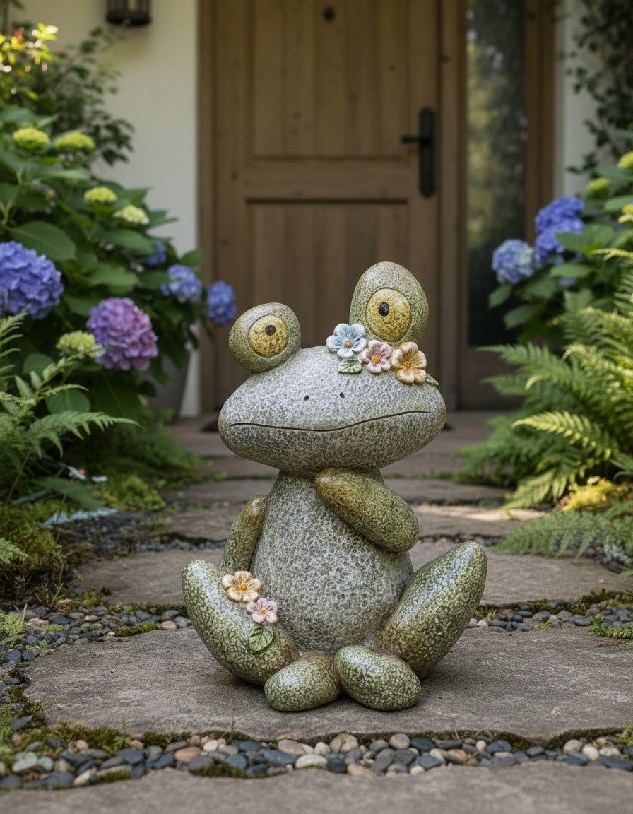 MF Gartenfigur Dekofigur Steinfrosch Lotti mit Blumen aus Magnesia 33cm, (1 St) – Bild 2 von 3