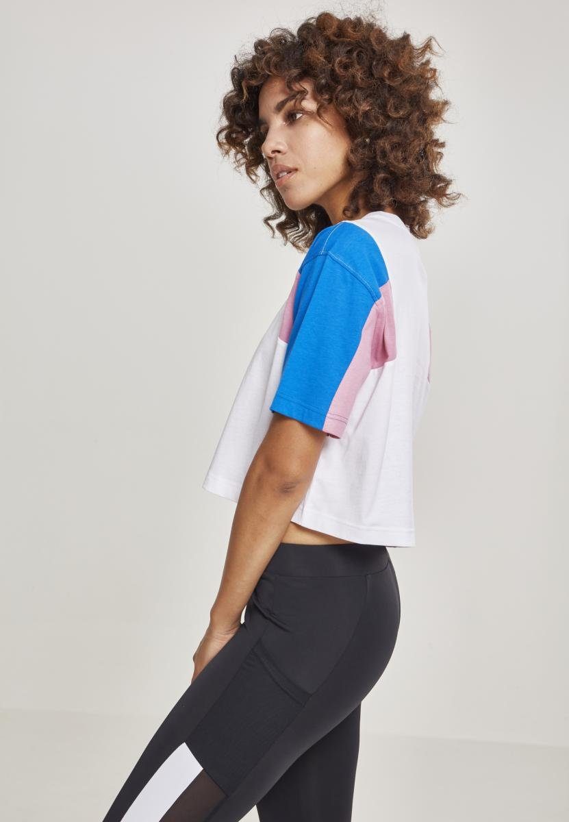 URBAN CLASSICS Ladies Short 3-Tone T-Shirt (1-tlg) Tee Damen Oversize white/brightblue/coolpink