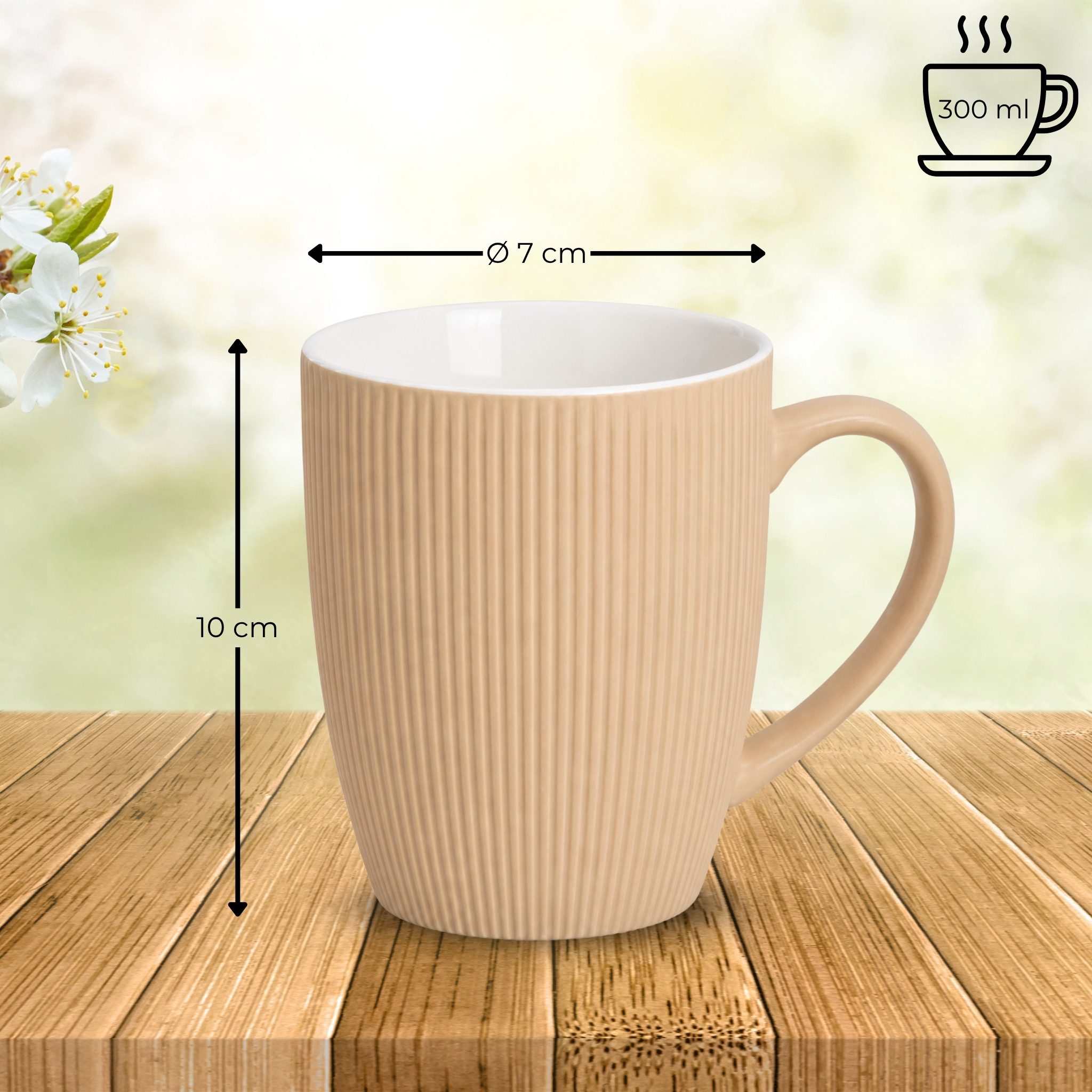 matches21 HOME & HOBBY Tasse Kaffeetassen 4er Set einfarbig gerippt Pastellfarben Rillen, 4-tlg., Keramik, Tee Kaffee-Becher, modern, orange beige creme grün, 300 ml