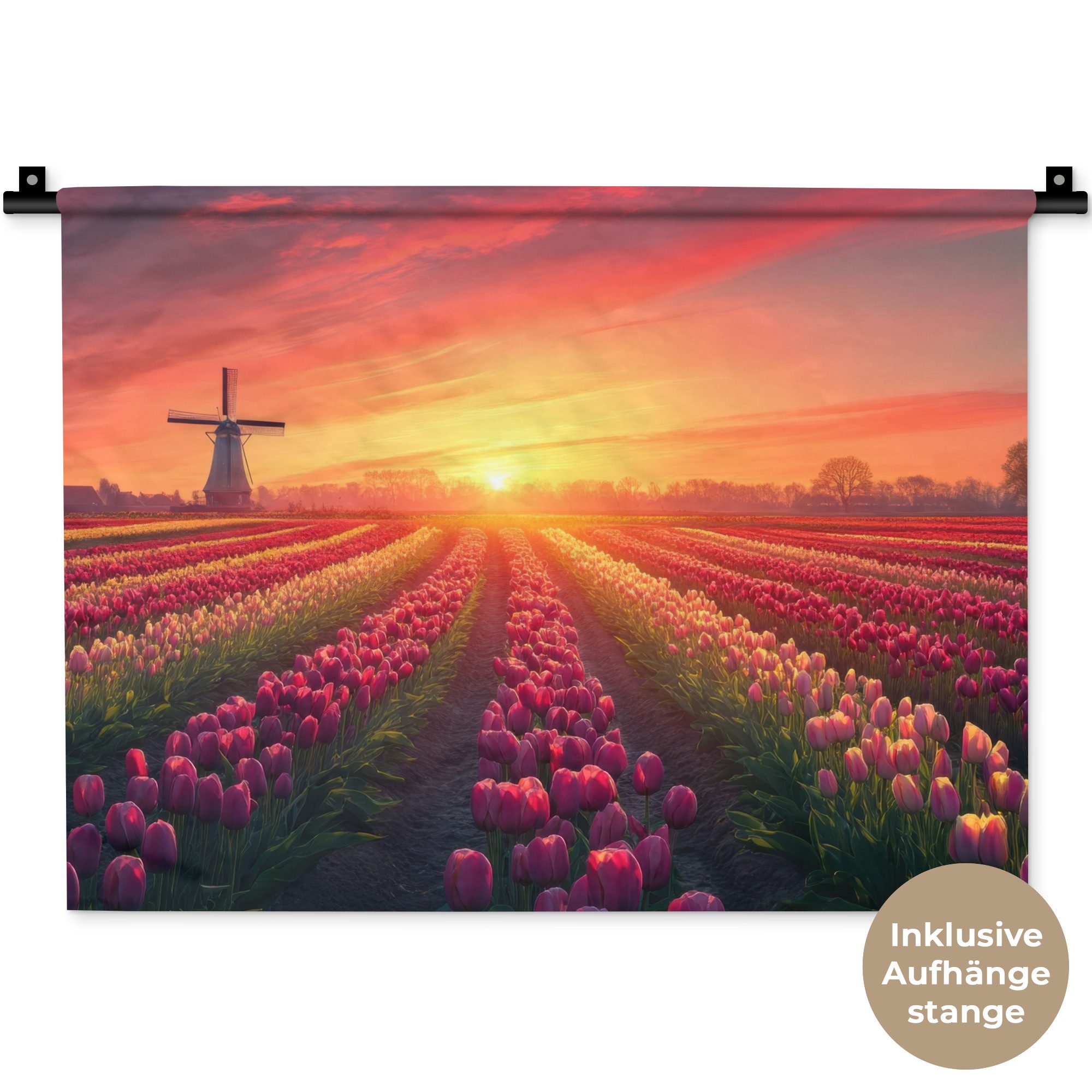 MuchoWow Wandteppich Windmühle - Sonnenuntergang - Landschaft, Rechteckig, Höhe: 3 mm, Wanddeko Teppich Wohnzimmer, Schlafzimmer, 60x45 cm