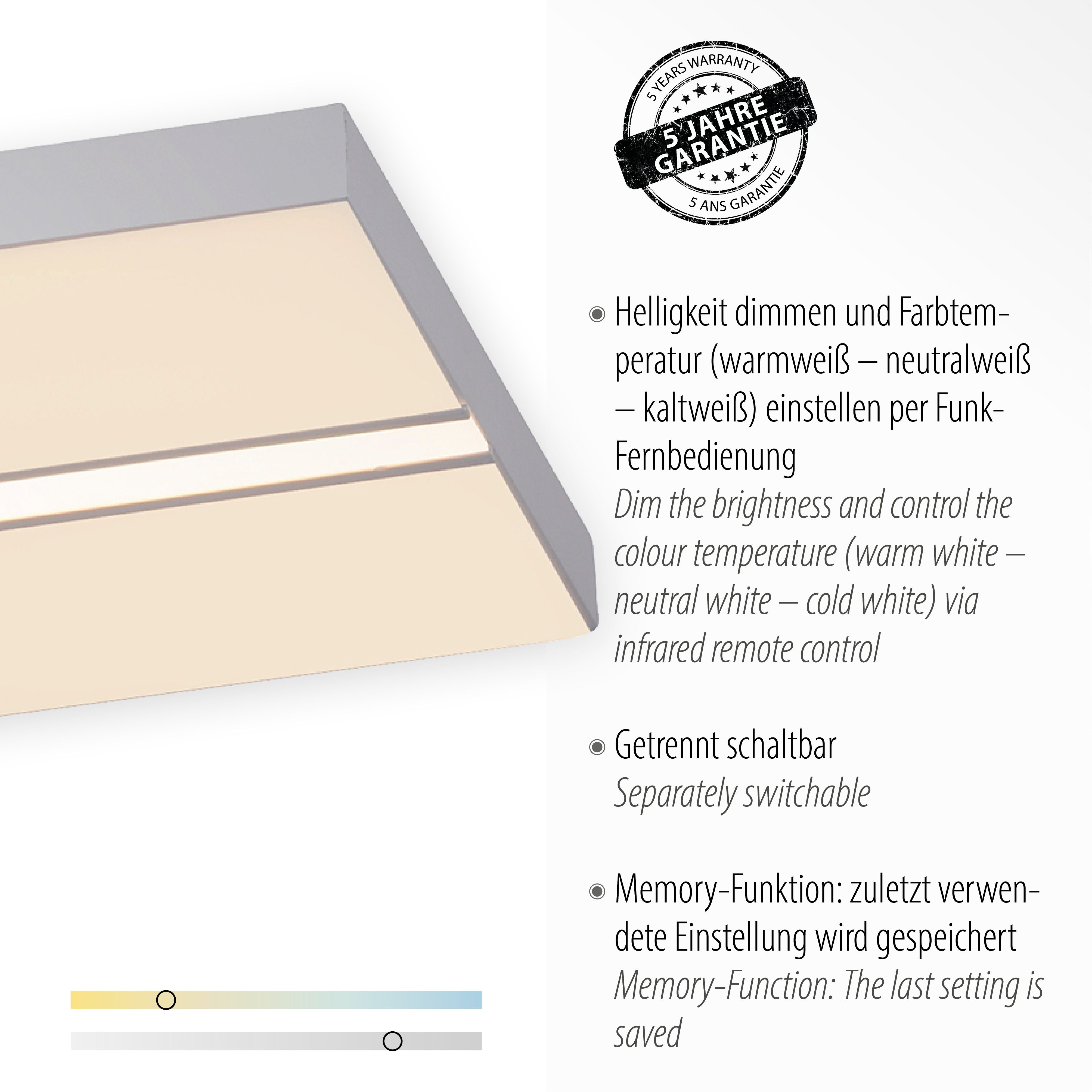 Leuchten Direkt LED Deckenleuchte über kaltweiß, Netz, LED - EDGING, Fernbedienung Memory, warmweiß dimmbar - Dimmfunktion, integriert, CCT Fernbedienung, vom fest über Trennung nach