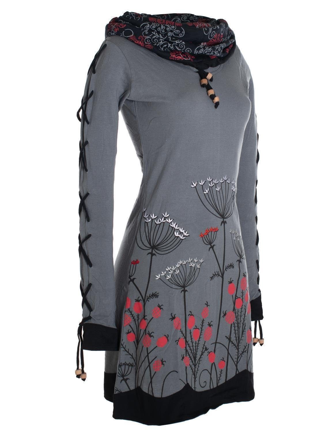 Schalkragen Blumenkleid grau Jerseykleid Vishes mit Langarm-Shirtkleid Boho, Style Elfen Hippie,